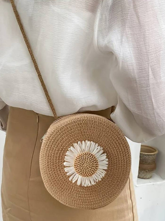 Buy SHEIN Flower Graphic Circle Straw Bag, Vintage Shoulder Beach Bag, Women's Crossbody Purse Mini Flower Decor Straw Bag in Pakistan