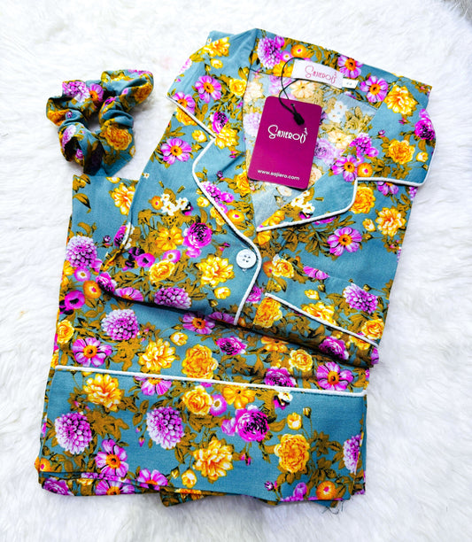 Buy Galaxy Boski Linen Printed Pajama Suit Purple Jasmine in Pakistan