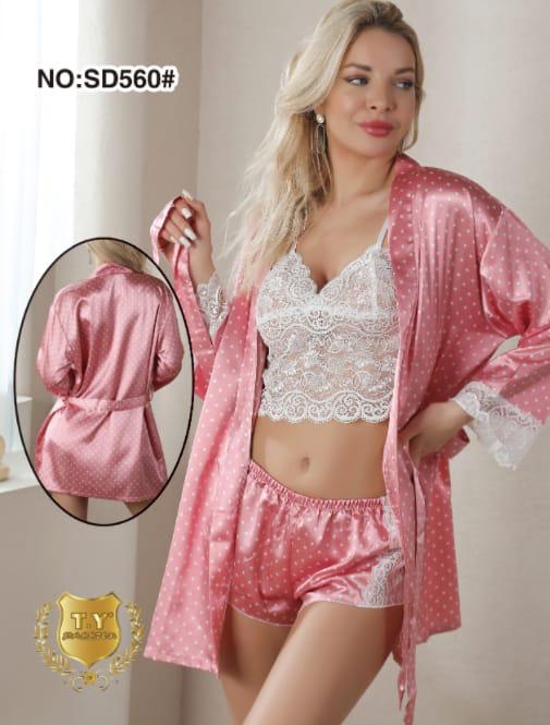 Buy Polka Dots Silk 3pcs Nightgown Set in Pakistan