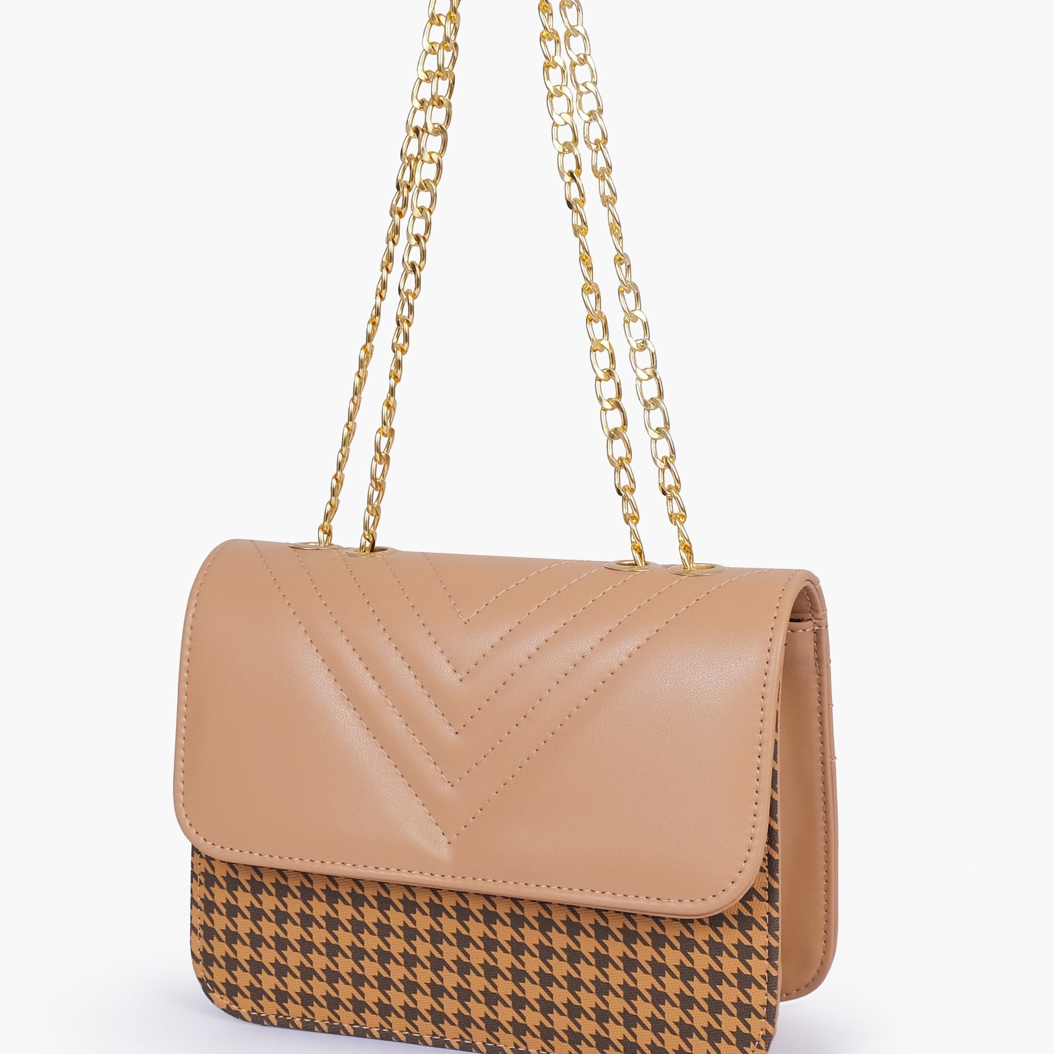 Buy Beige houndstooth chain cross-body bag in Pakistan