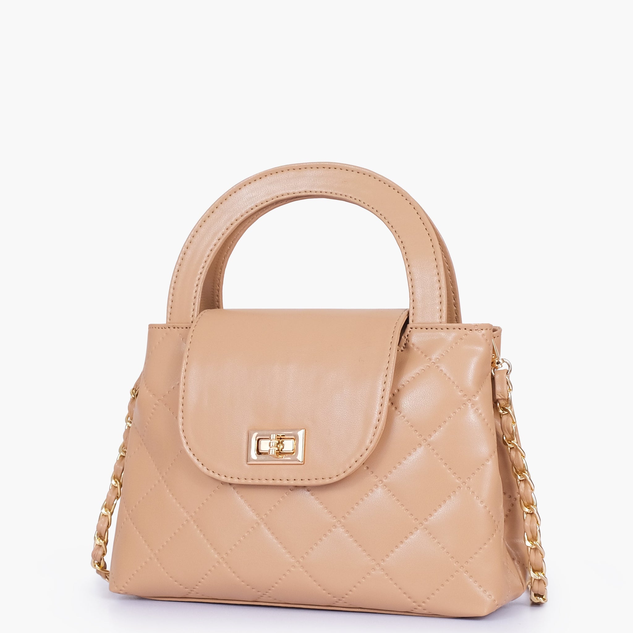 Buy Beige flap quilted bag with top handle in Pakistan