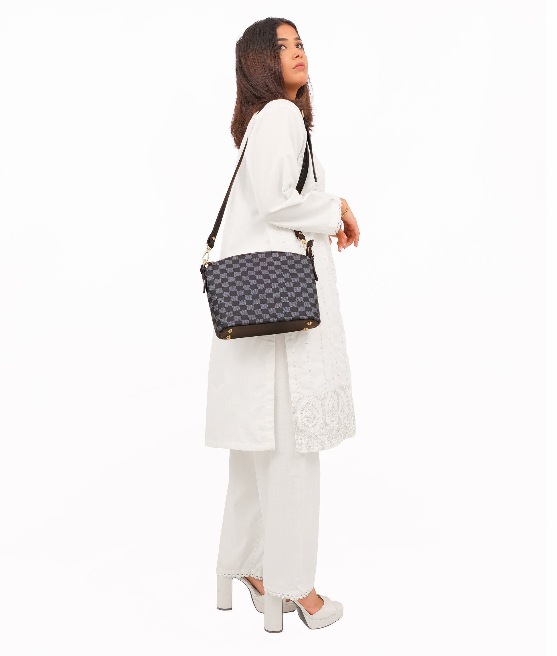 Buy Black checkered dome cross-body bag in Pakistan