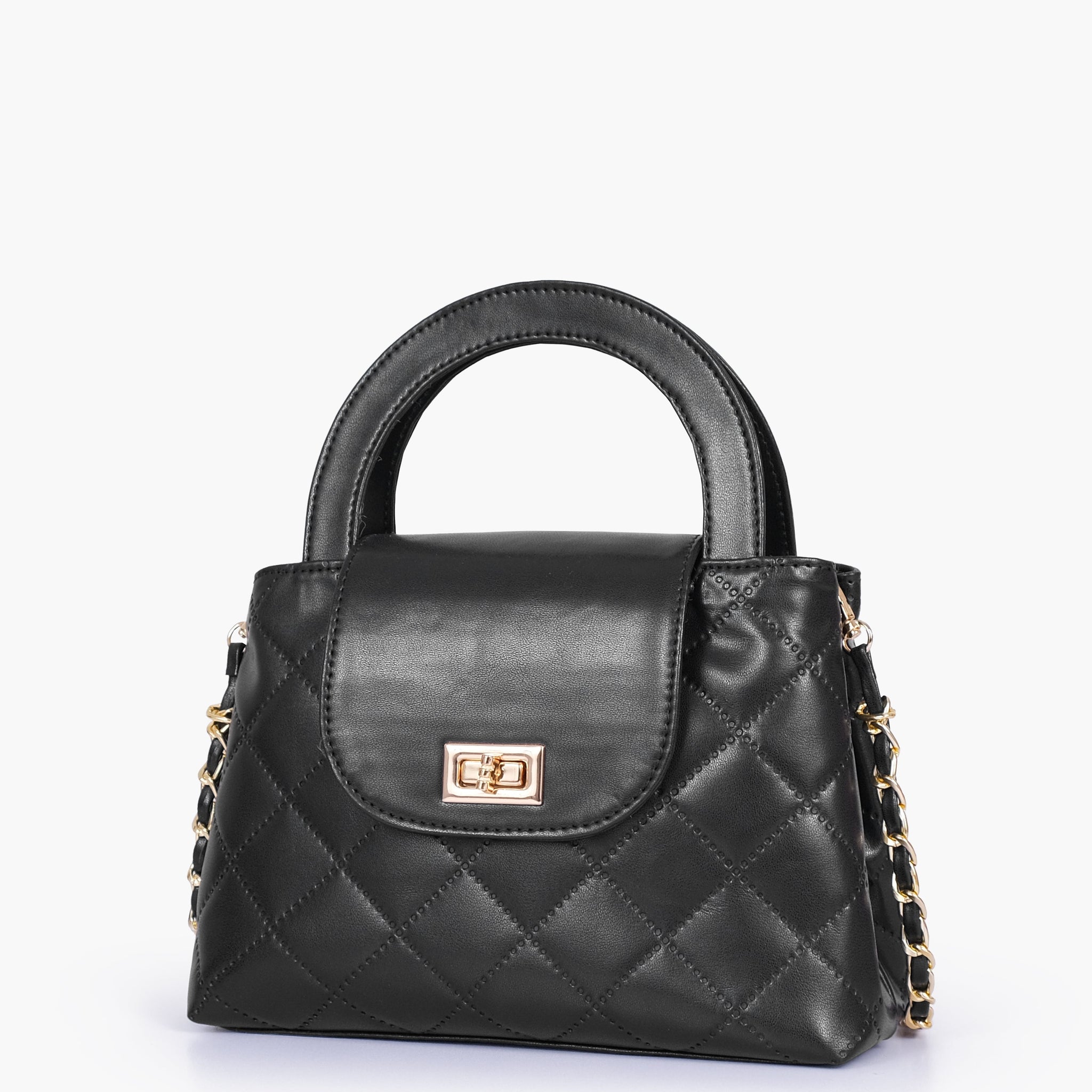 Buy Black flap quilted bag with top handle in Pakistan