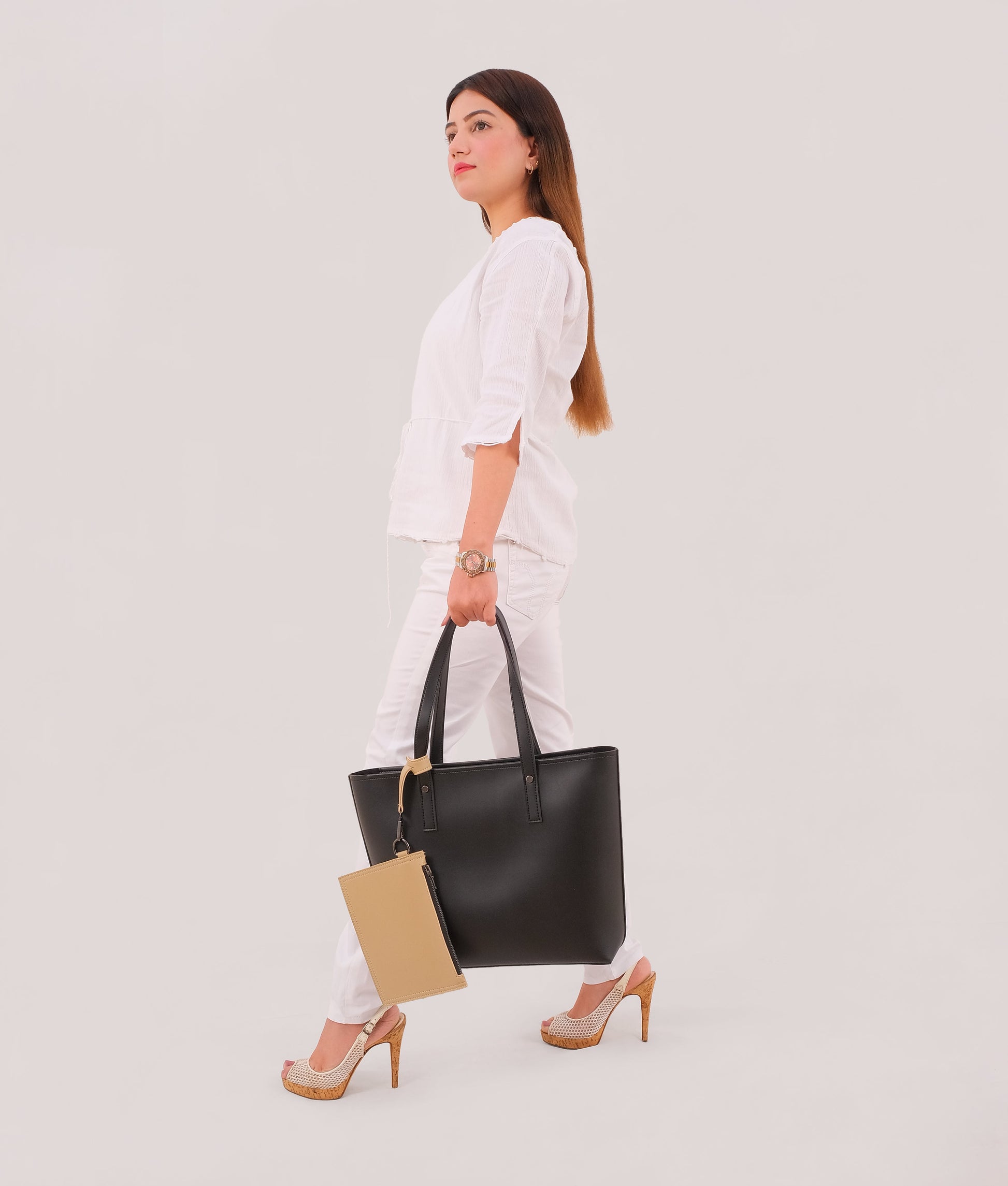 Buy Black tote bag with detachable pouch in Pakistan