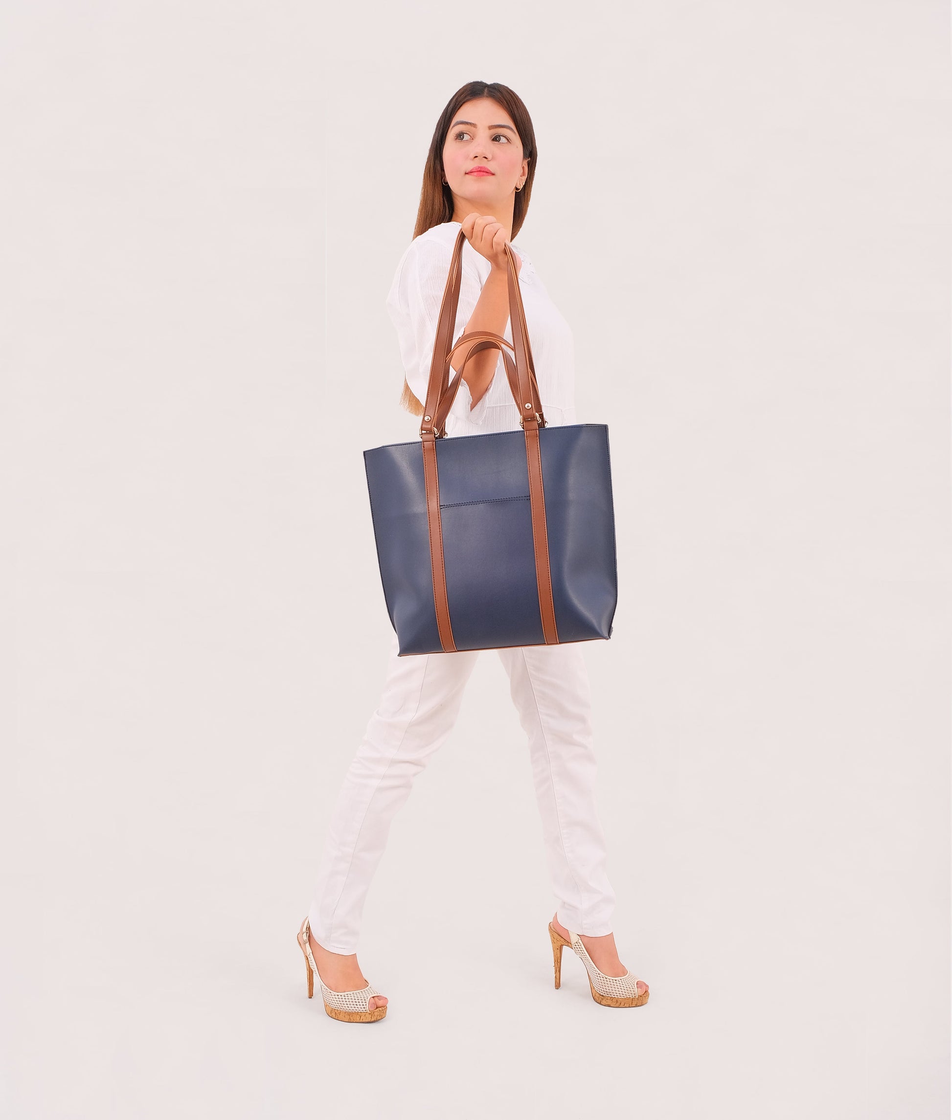 Buy Blue and brown double-handle tote bag in Pakistan