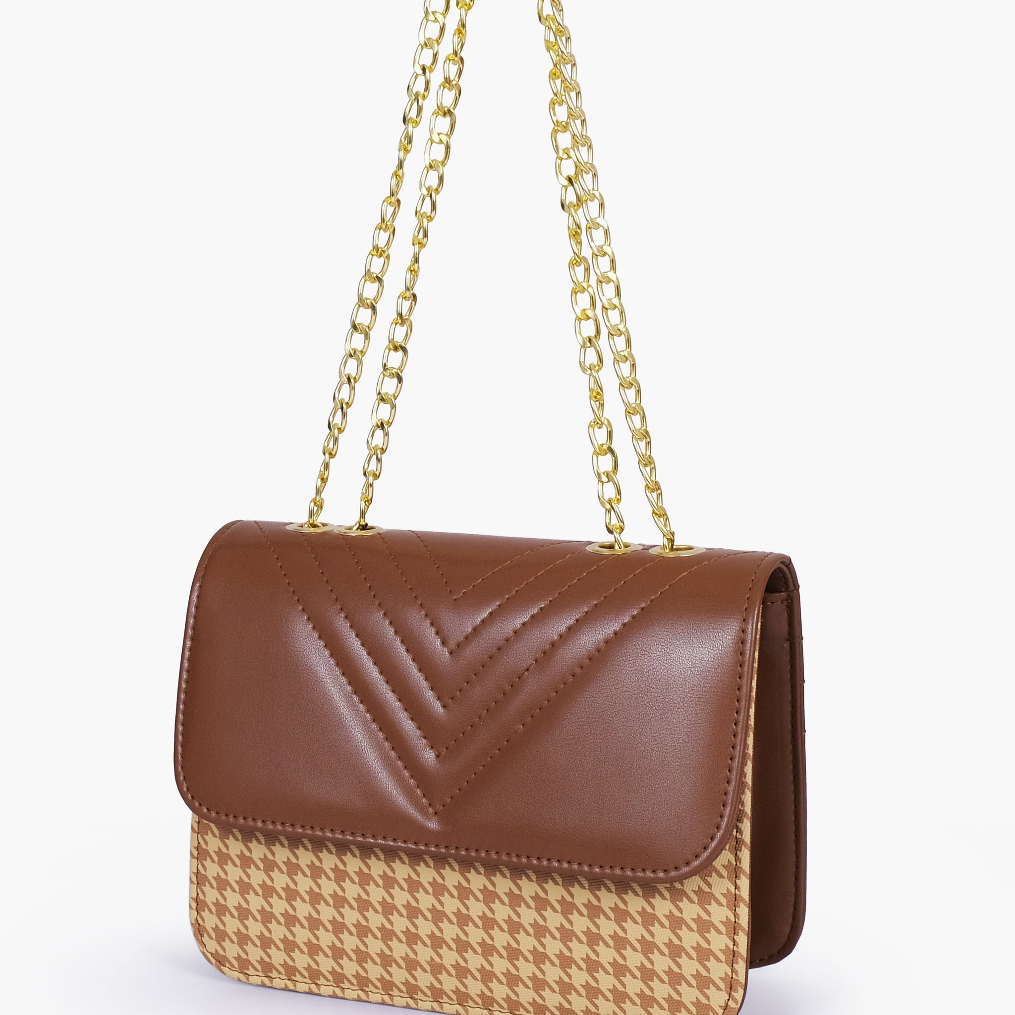 Buy Brown houndstooth chain cross-body bag in Pakistan