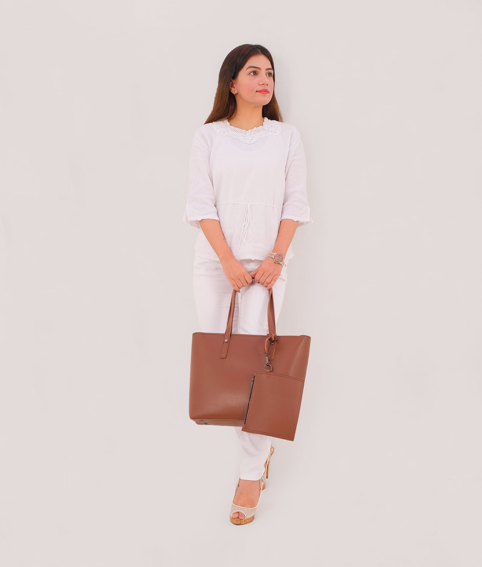 Buy Brown tote bag with detachable pouch in Pakistan