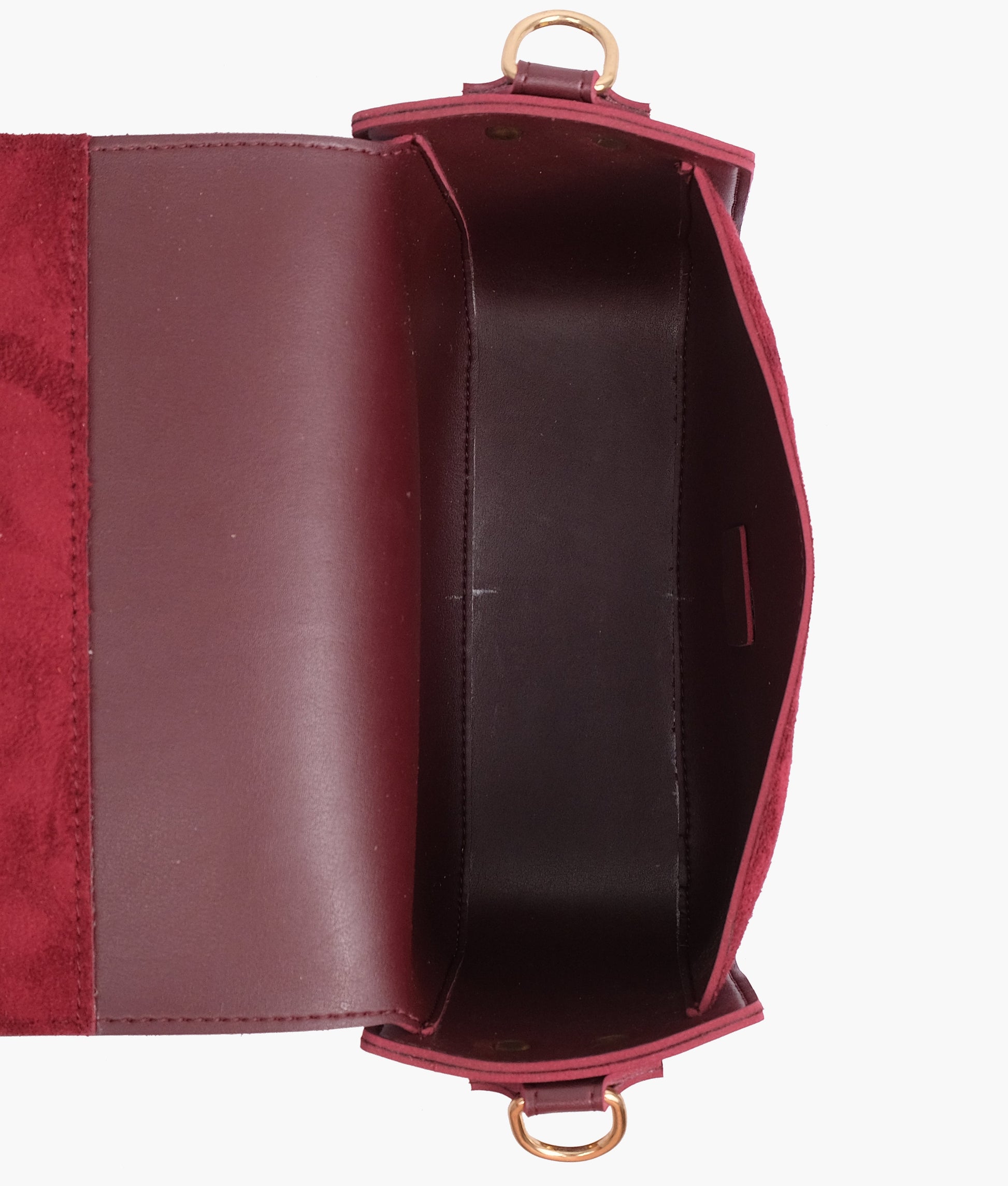 Buy Burgundy suede saddle bag with twist lock in Pakistan