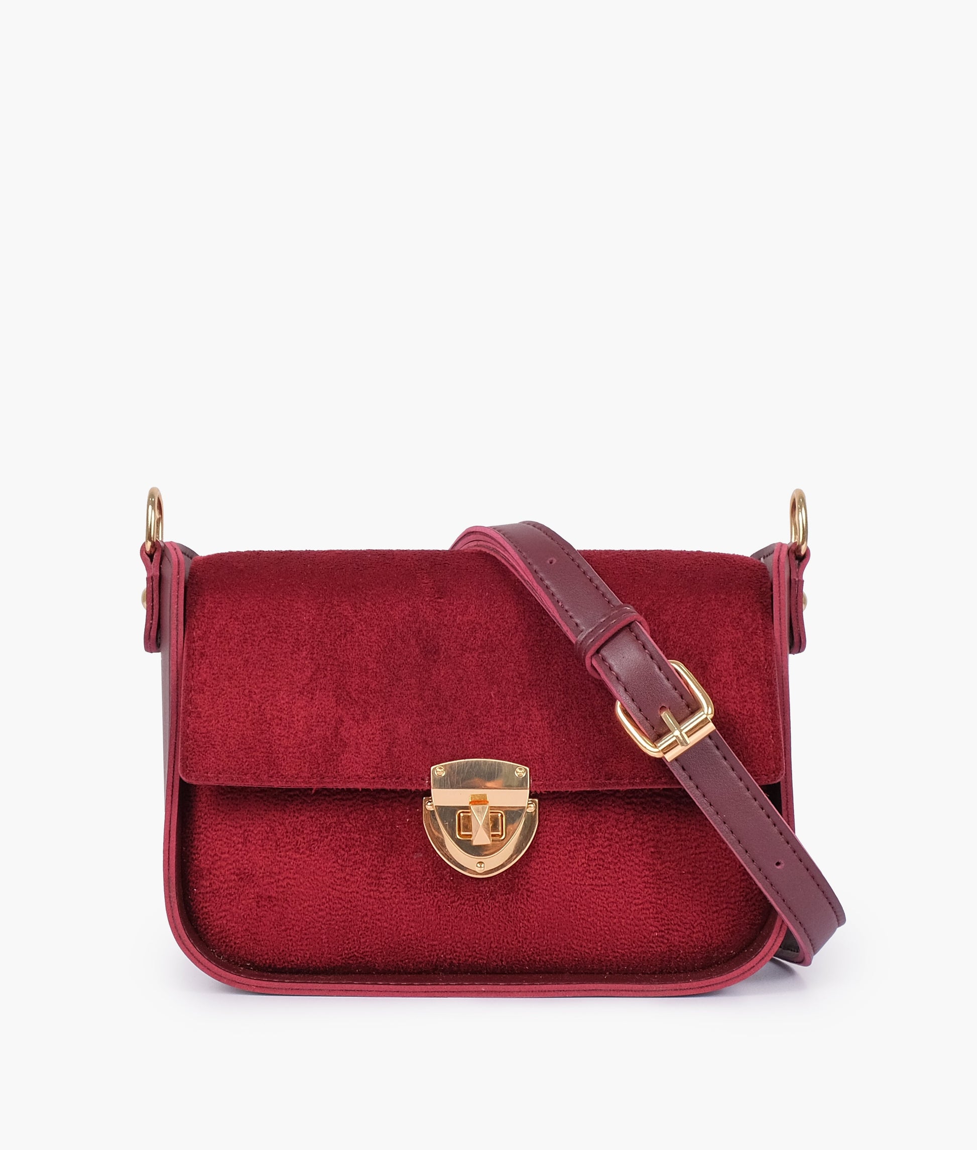 Buy Burgundy suede saddle bag with twist lock in Pakistan