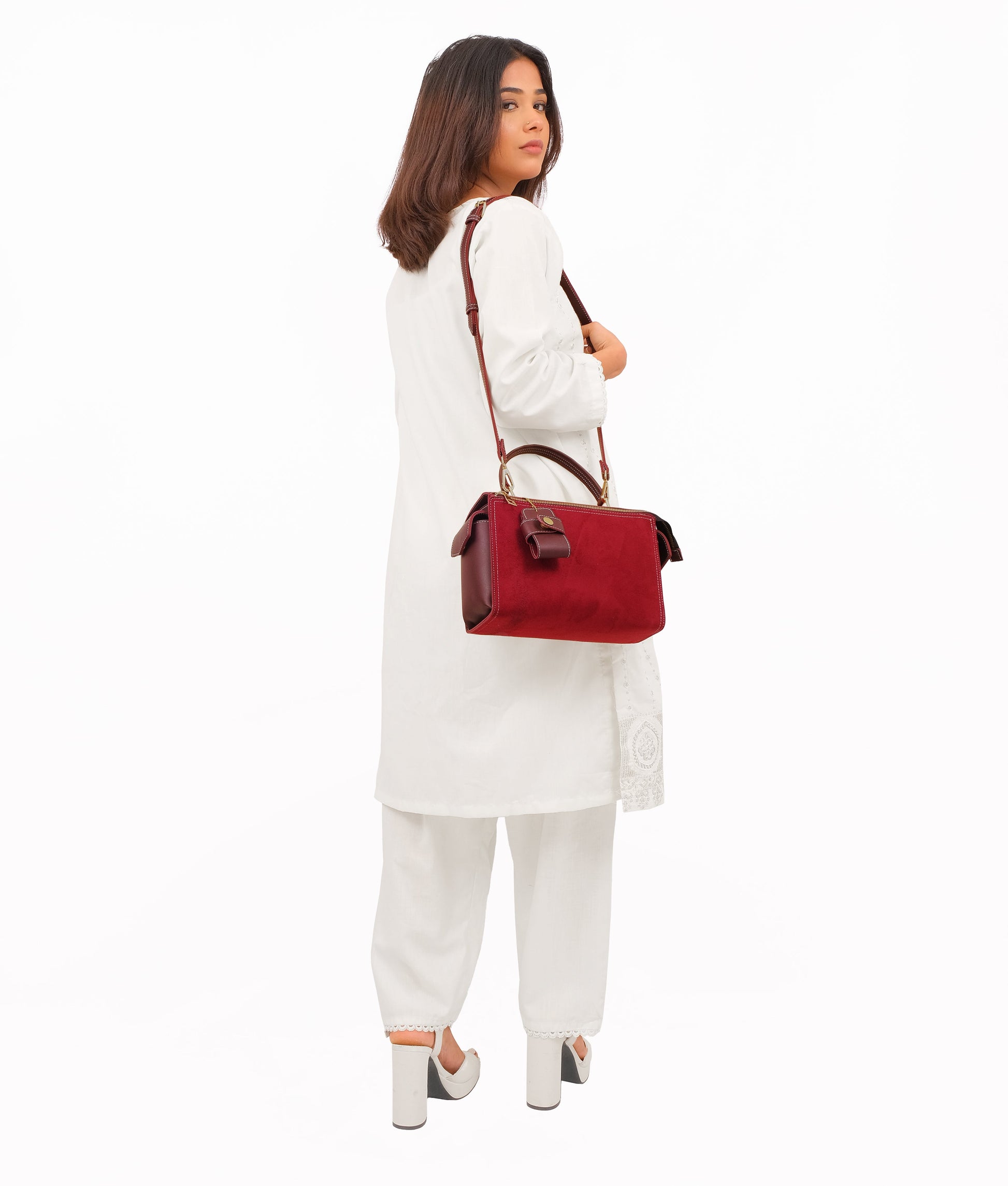 Buy Burgundy suede bowling bag with top-handle in Pakistan