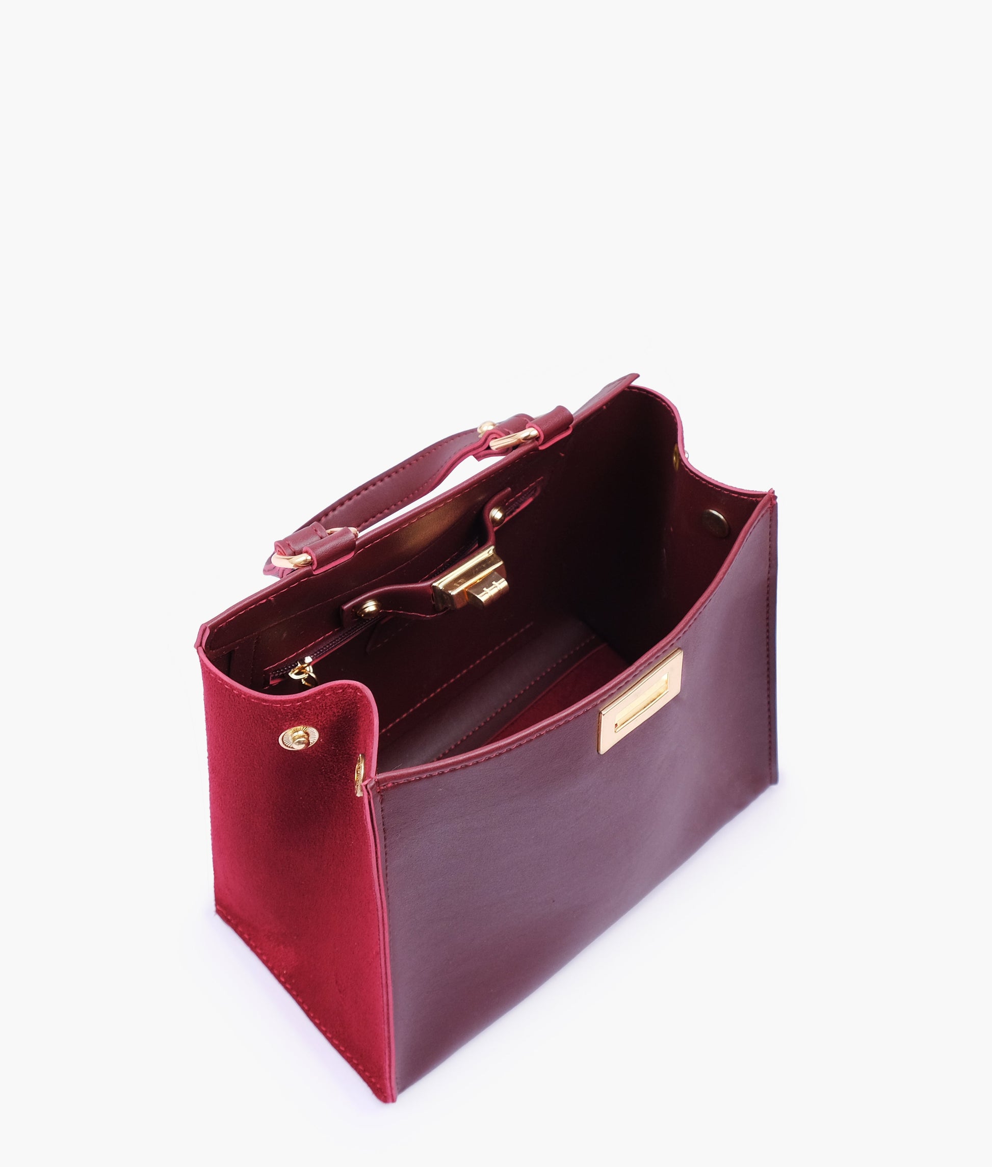 Buy Burgundy suede front lock top-handle mini bag in Pakistan