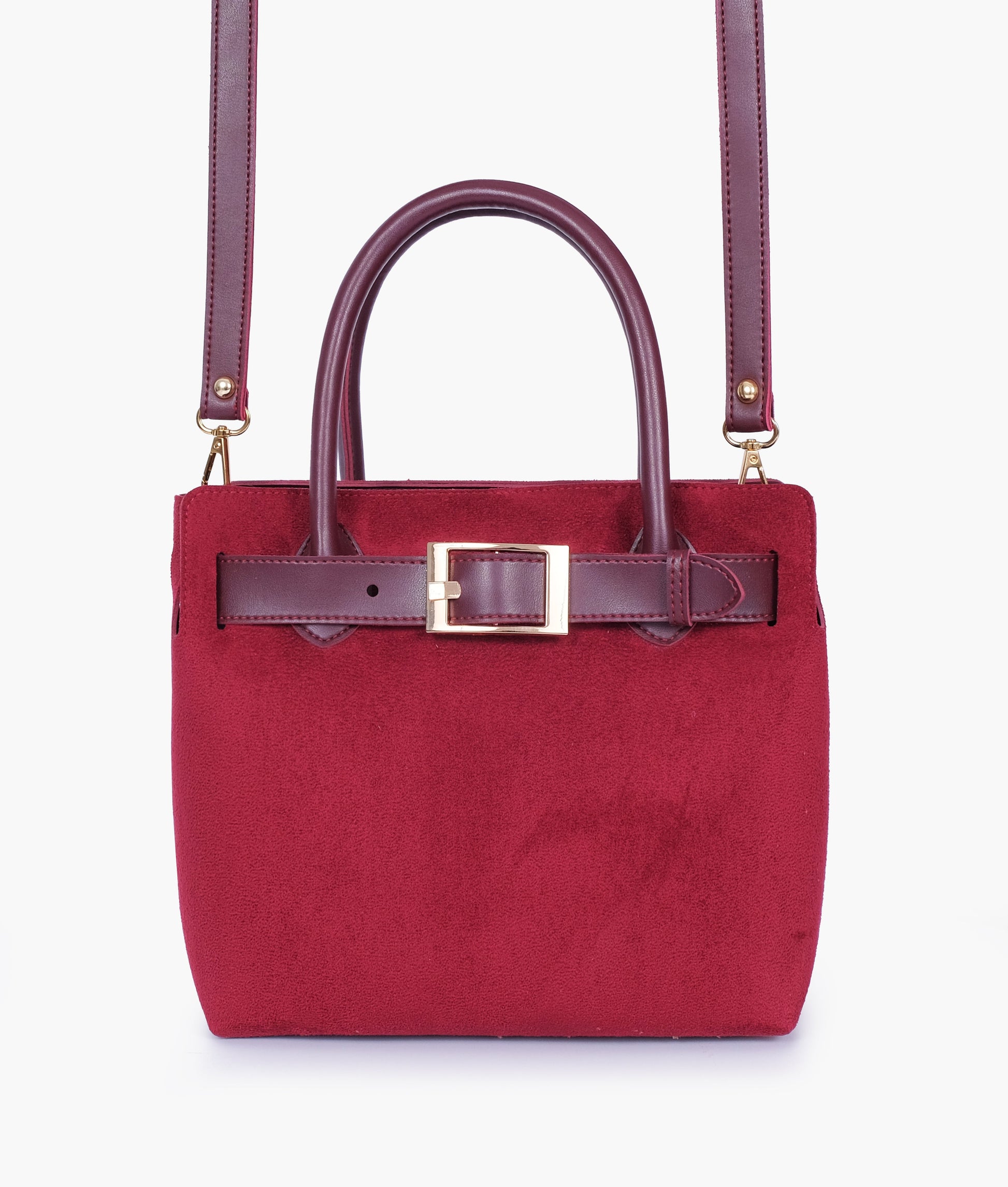 Buy Burgundy suede handbag with front buckle in Pakistan