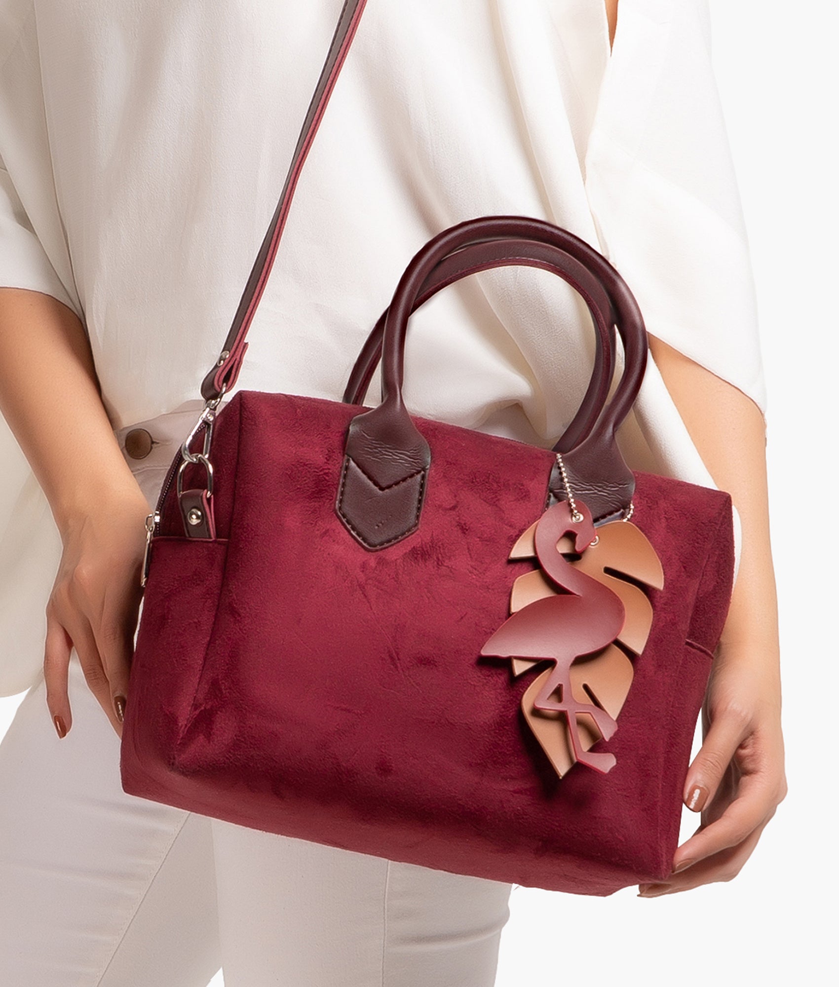 Buy Burgundy suede mini bowling bag in Pakistan