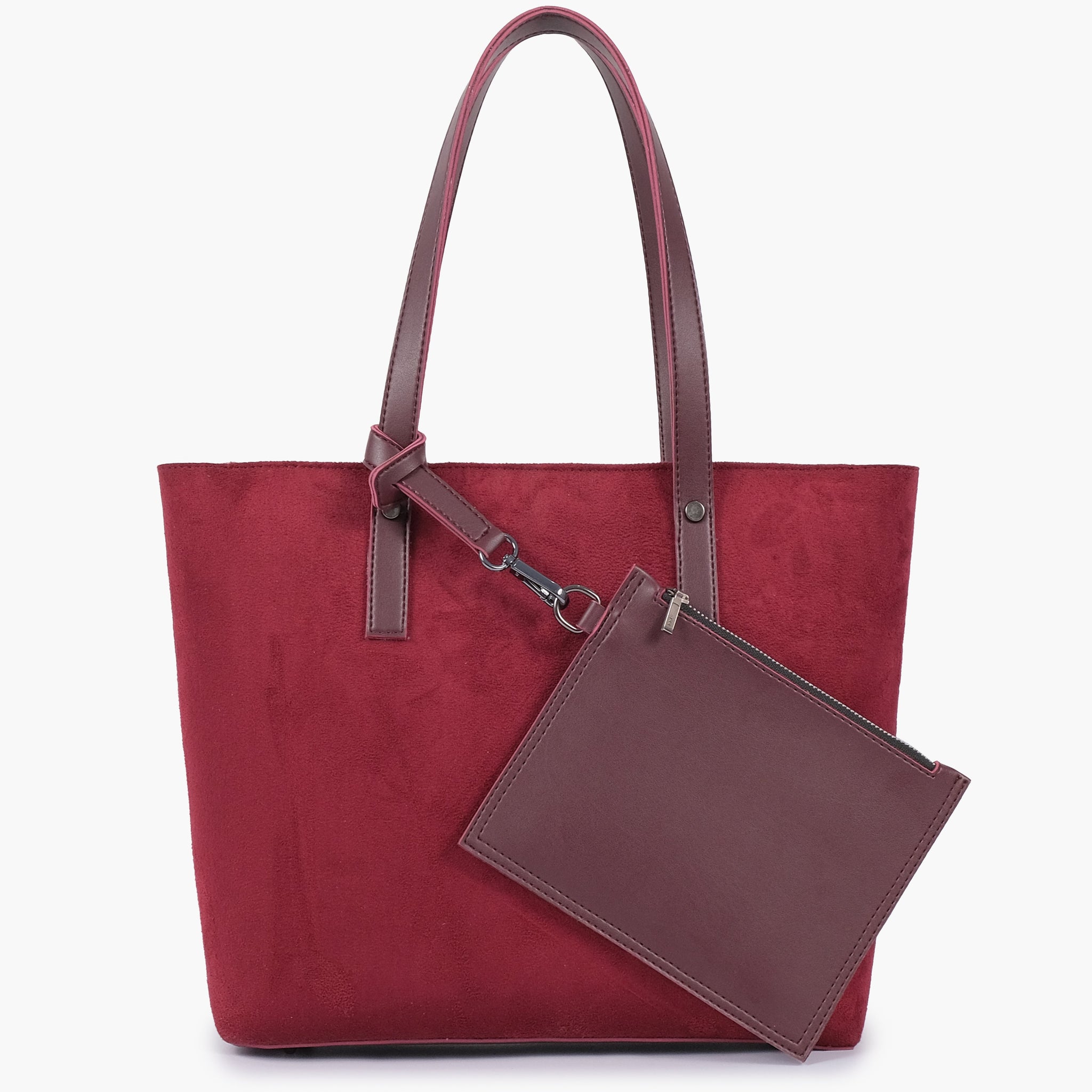 Buy Burgundy suede tote bag with detachable pouch in Pakistan