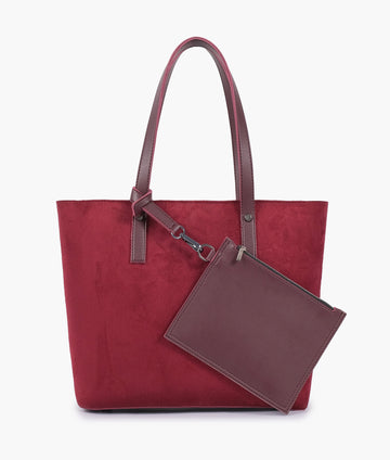 Buy Burgundy suede tote bag with detachable pouch in Pakistan