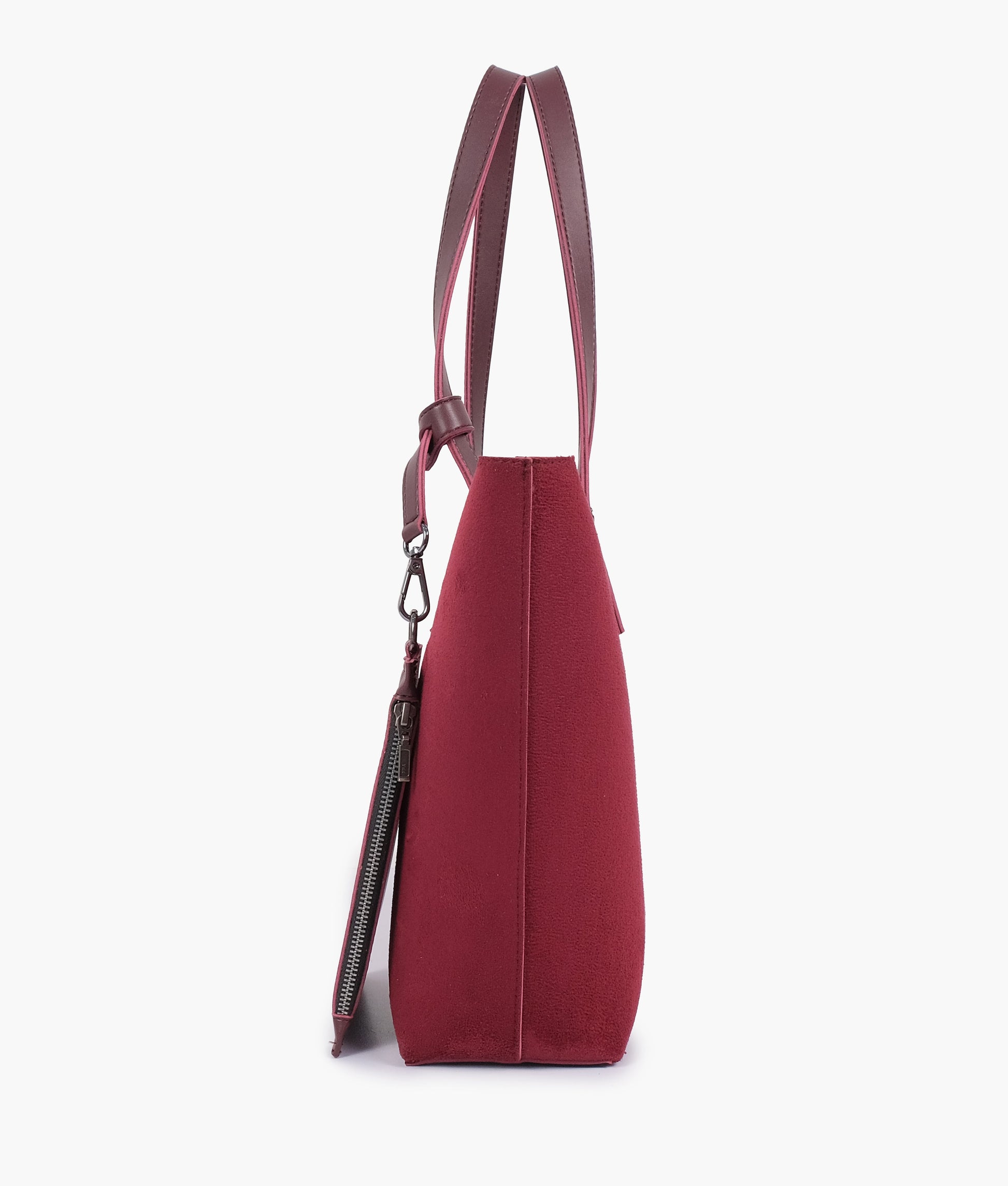 Buy Burgundy suede tote bag with detachable pouch in Pakistan