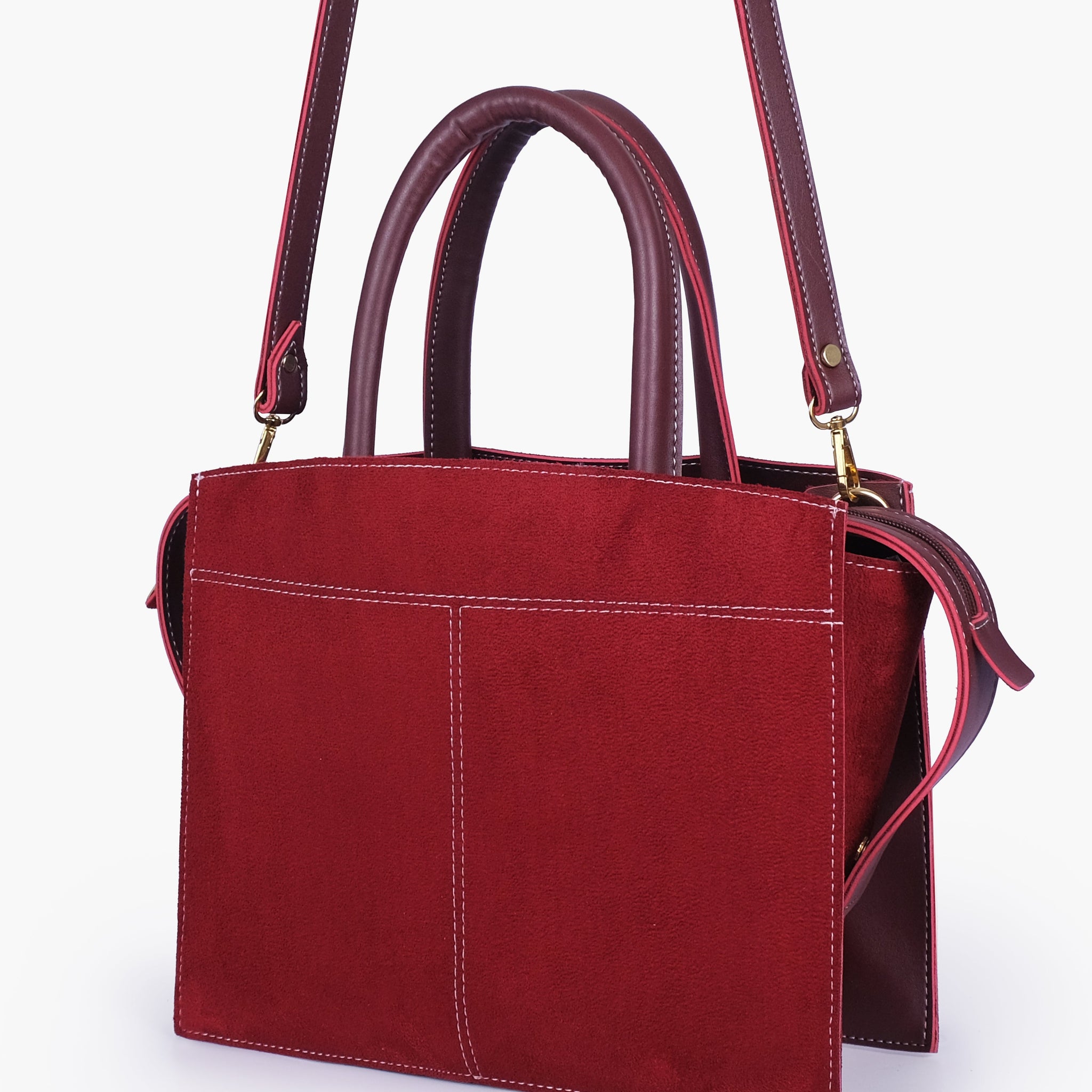 Buy Burgundy suede trapeze top-handle bag in Pakistan