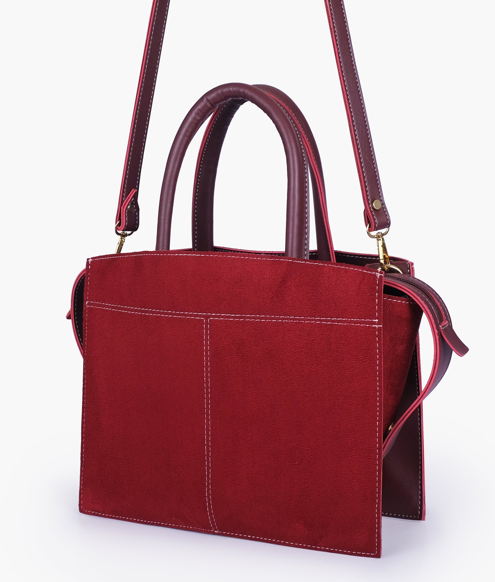 Buy Burgundy suede trapeze top-handle bag in Pakistan