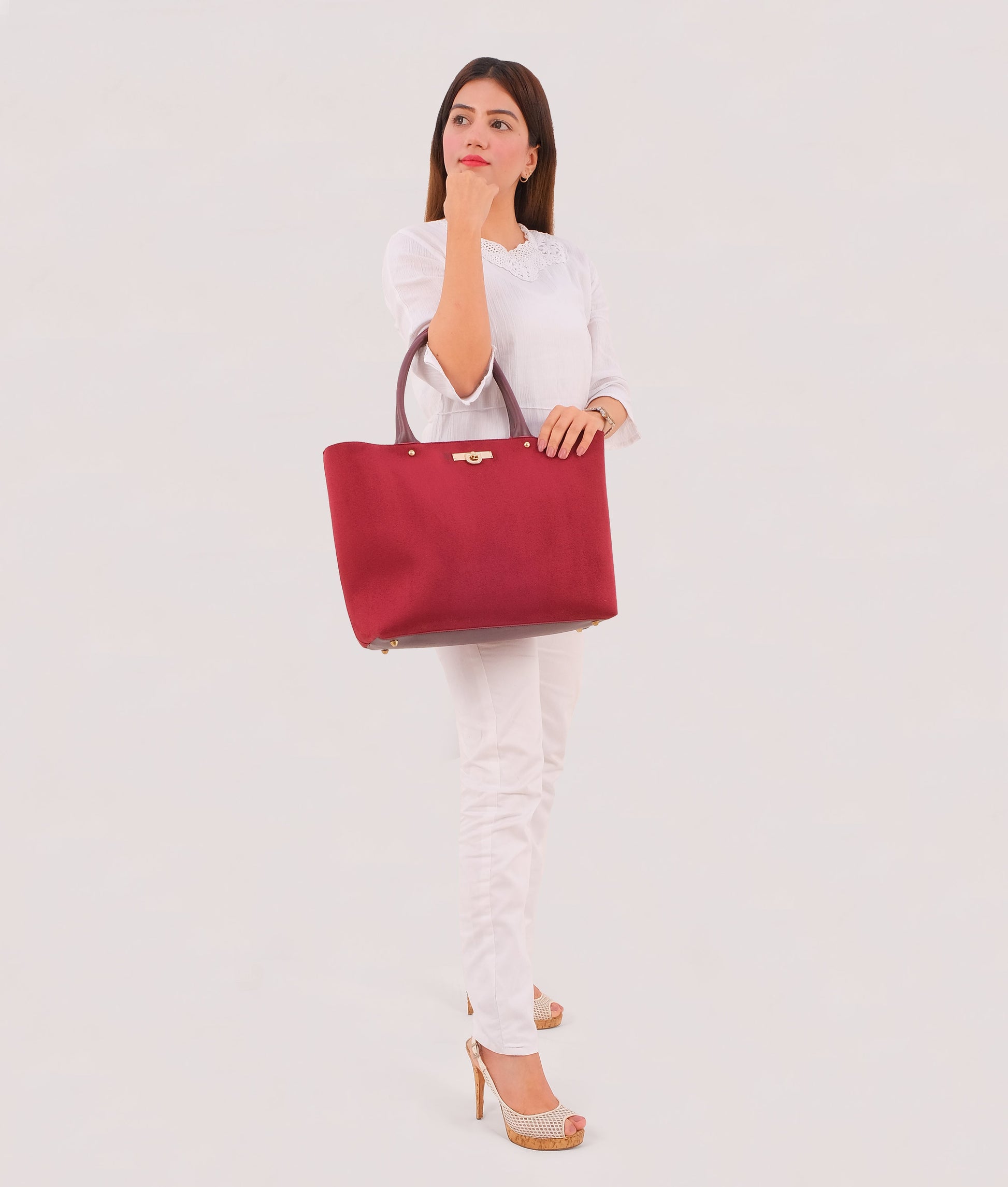 Buy Burgundy suede zipper tote bag in Pakistan