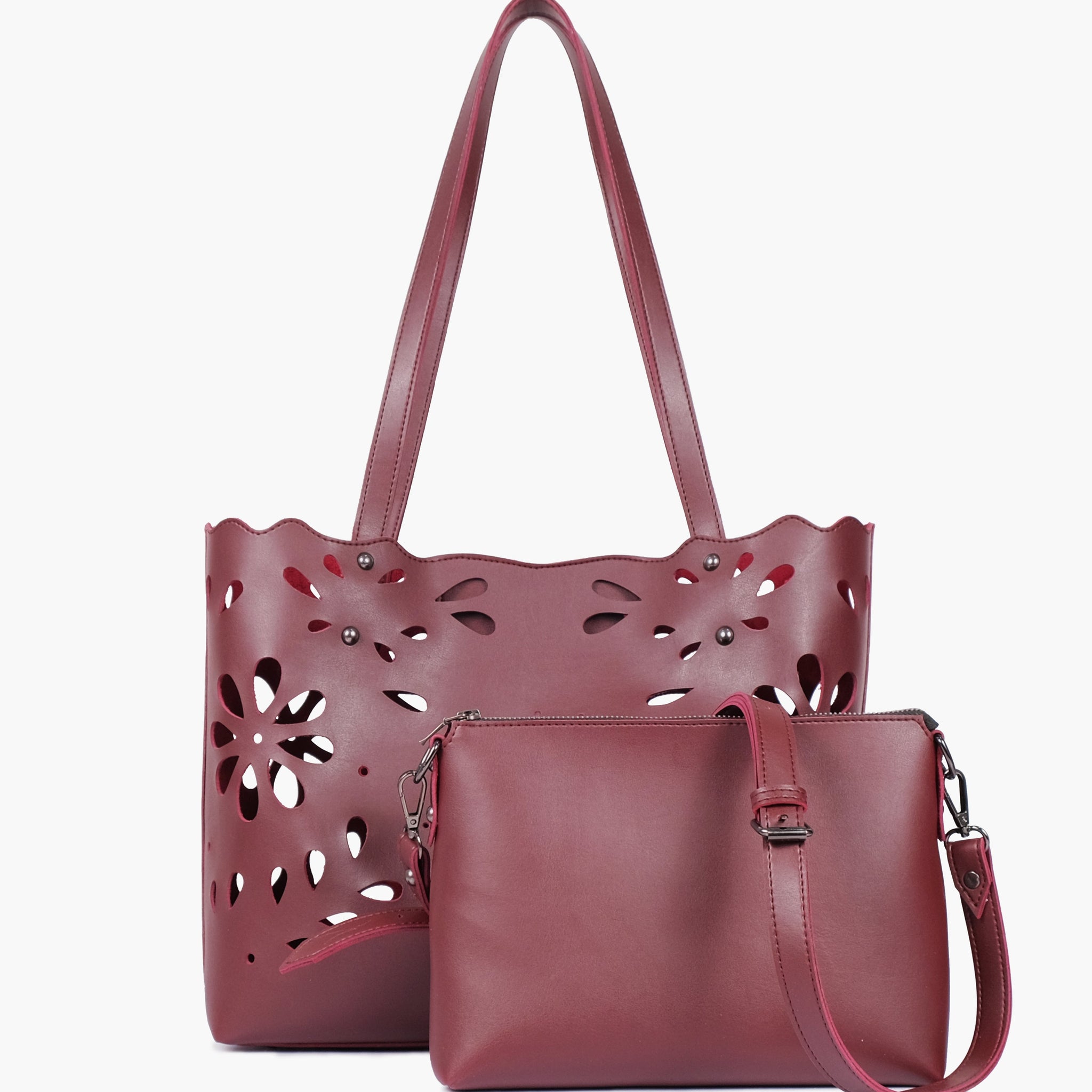 Buy Burgundy two-piece floral tote in Pakistan