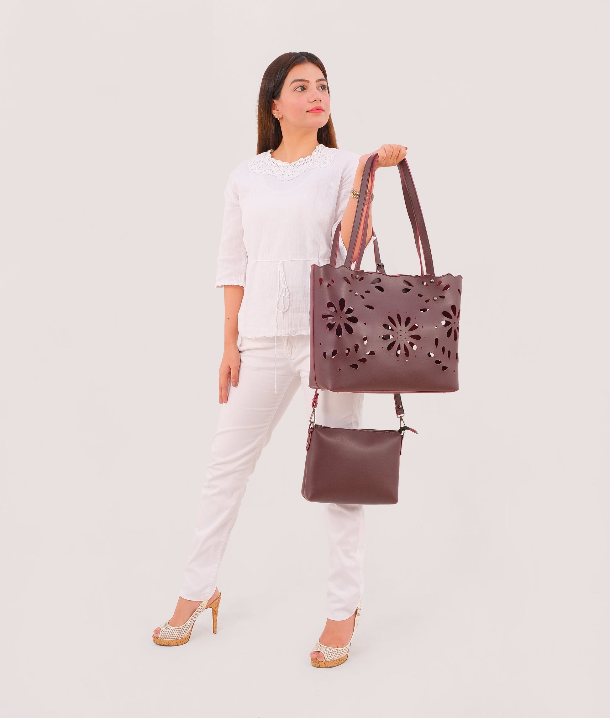 Buy Burgundy two-piece floral tote in Pakistan