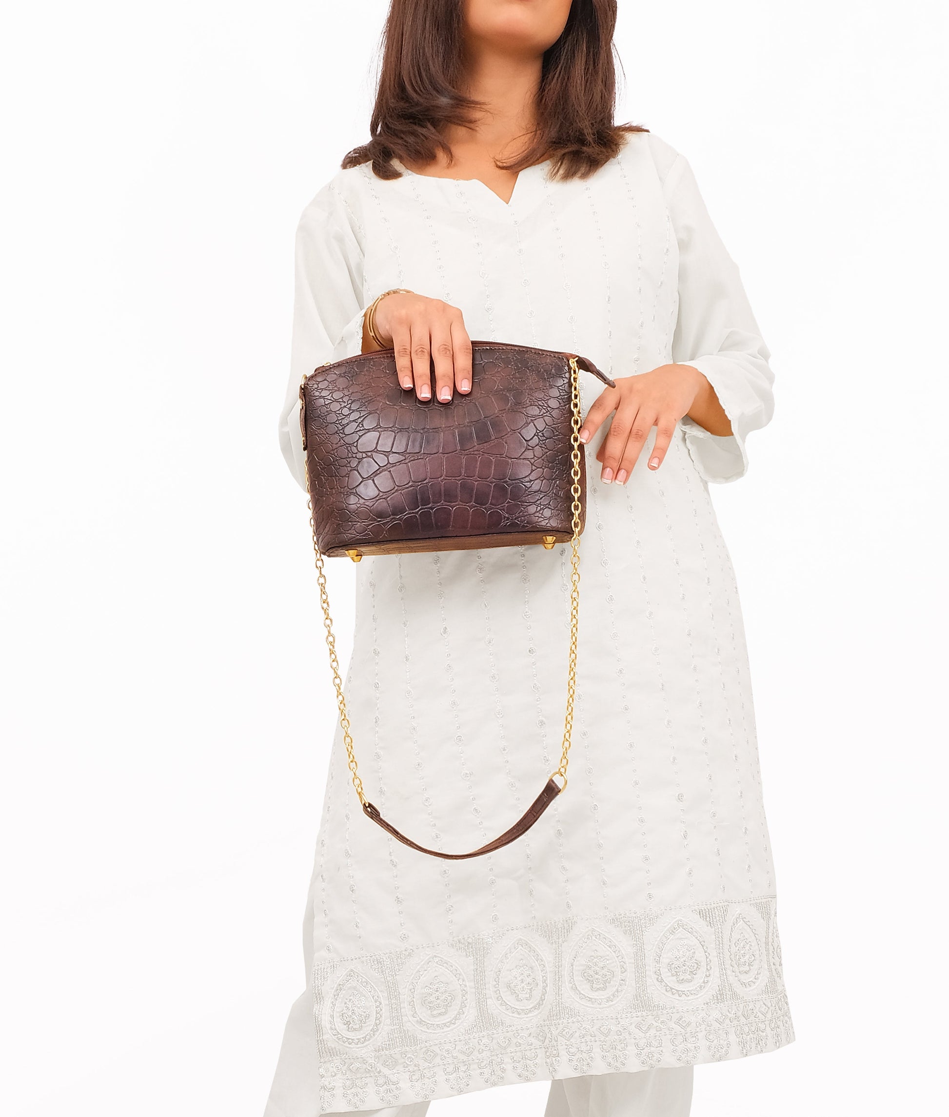 Buy Dark brown crocodile with chain strap cross-body bag in Pakistan