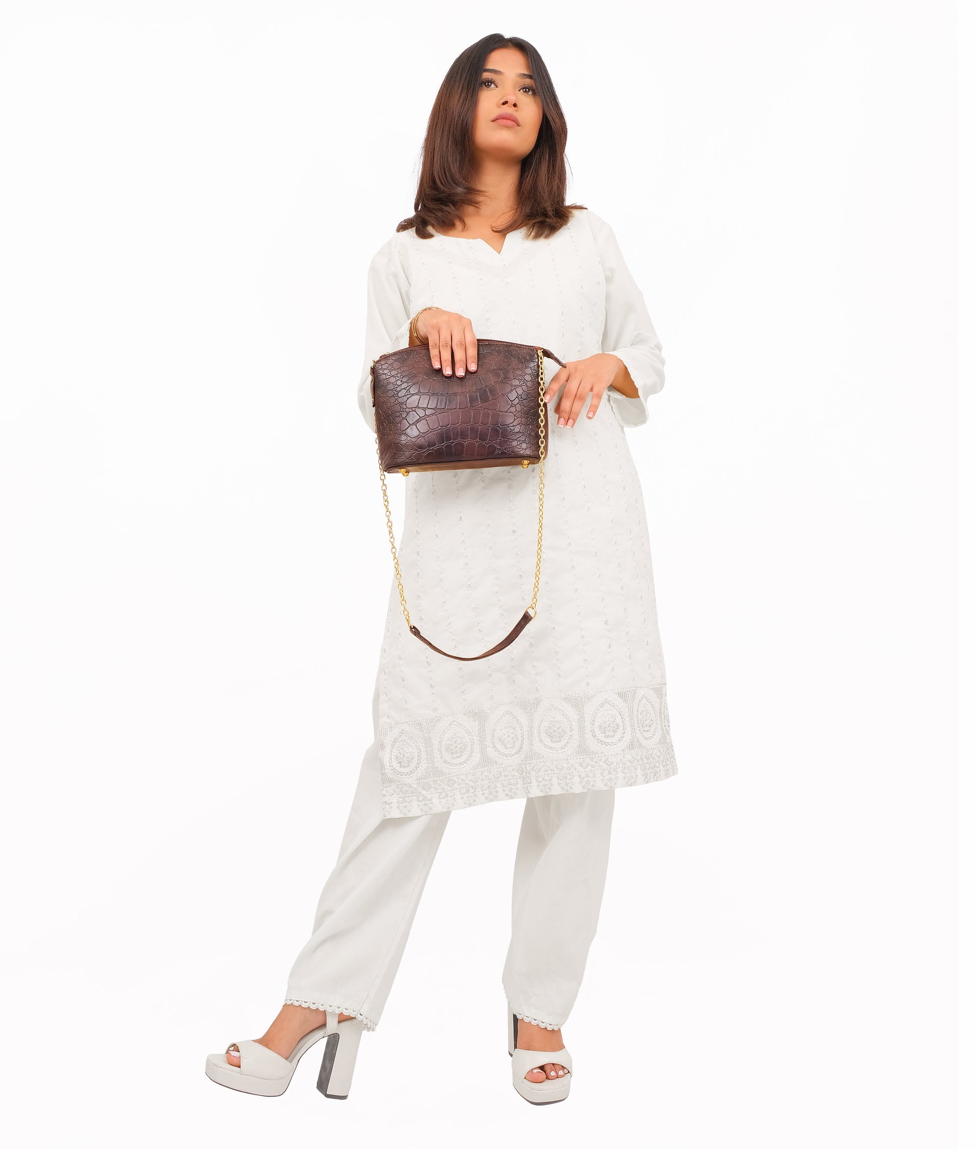 Buy Dark brown crocodile with chain strap cross-body bag in Pakistan