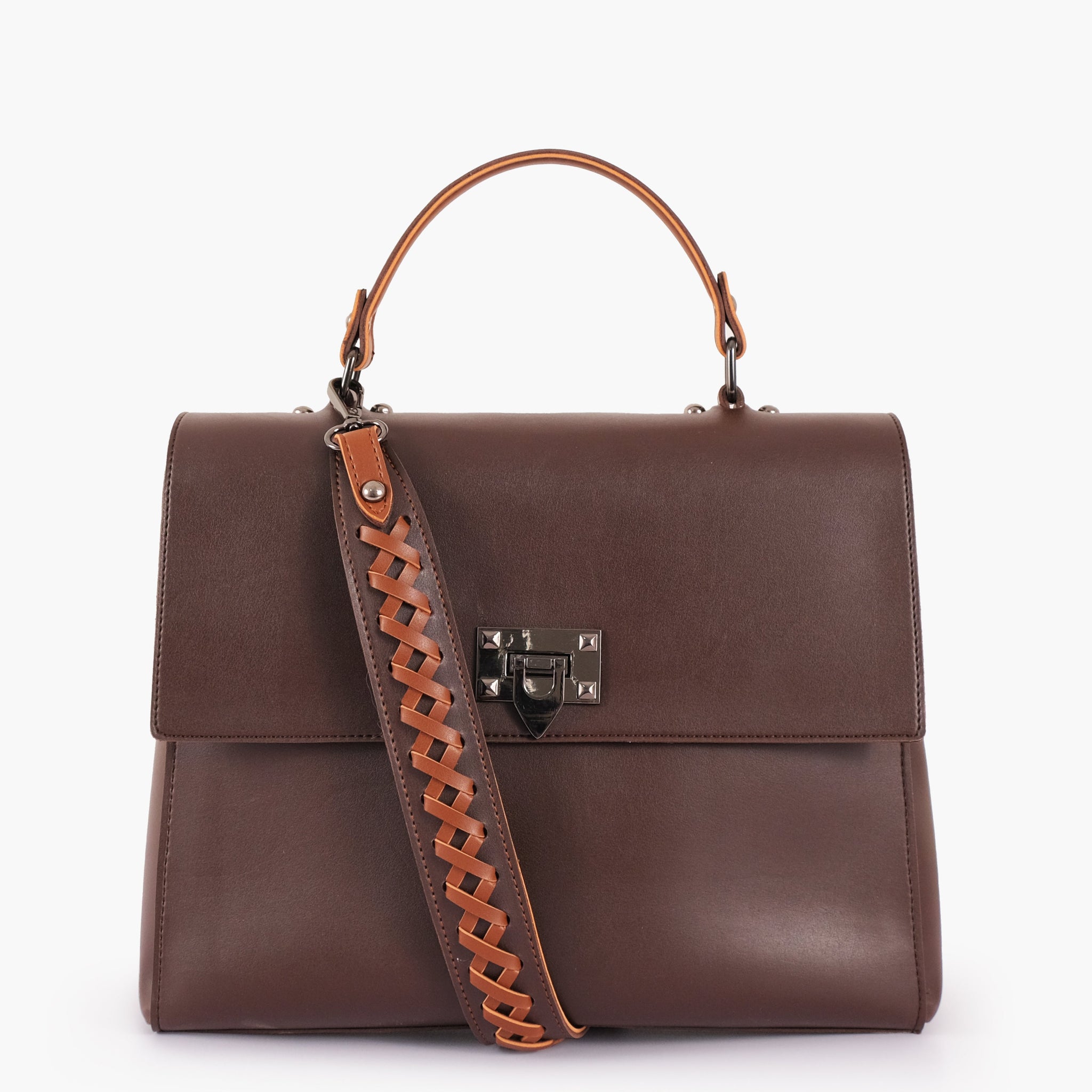 Buy Dark brown flap-over top-handle bag in Pakistan