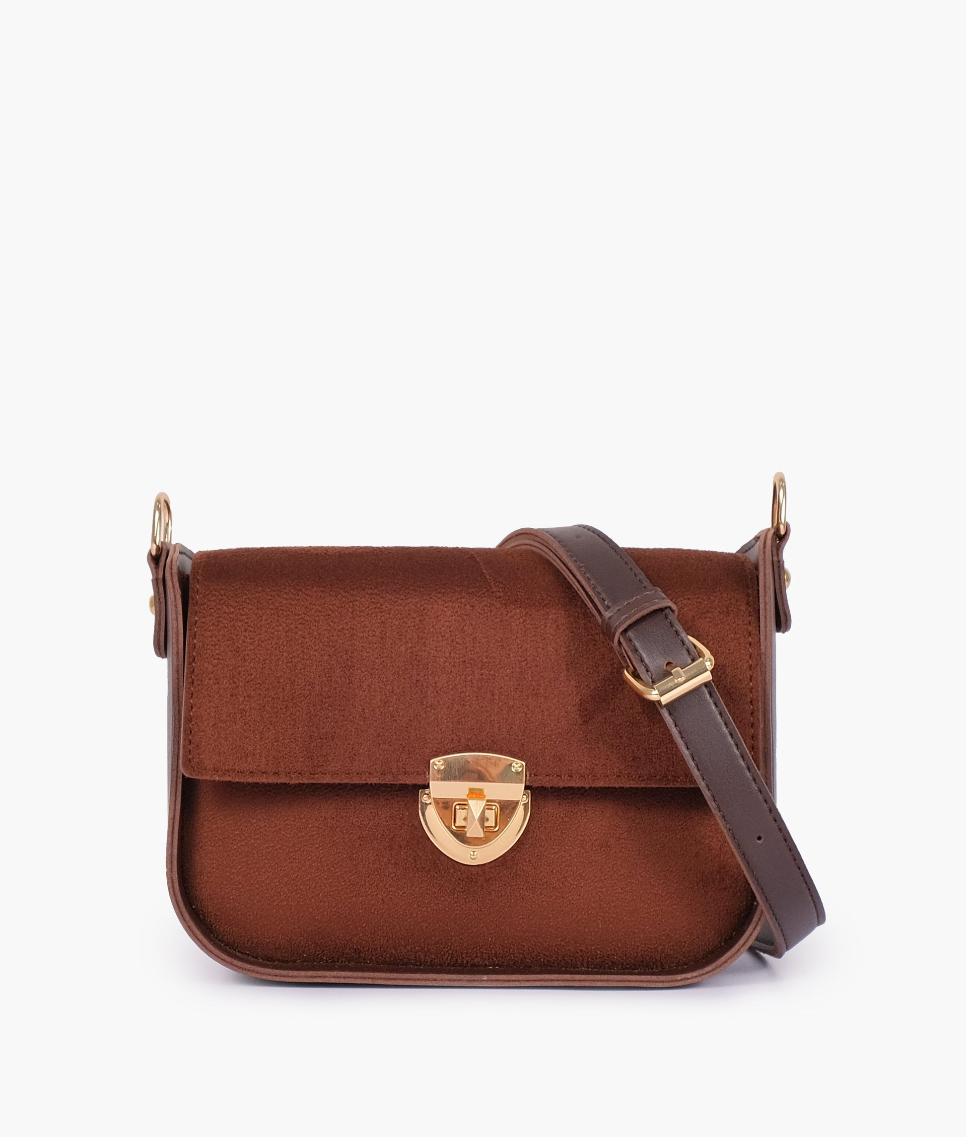 Buy Dark brown suede saddle bag with twist lock in Pakistan