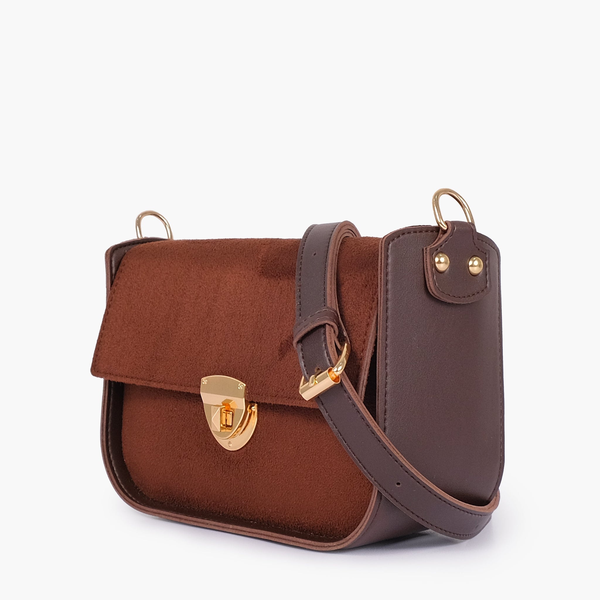 Buy Dark brown suede saddle bag with twist lock in Pakistan