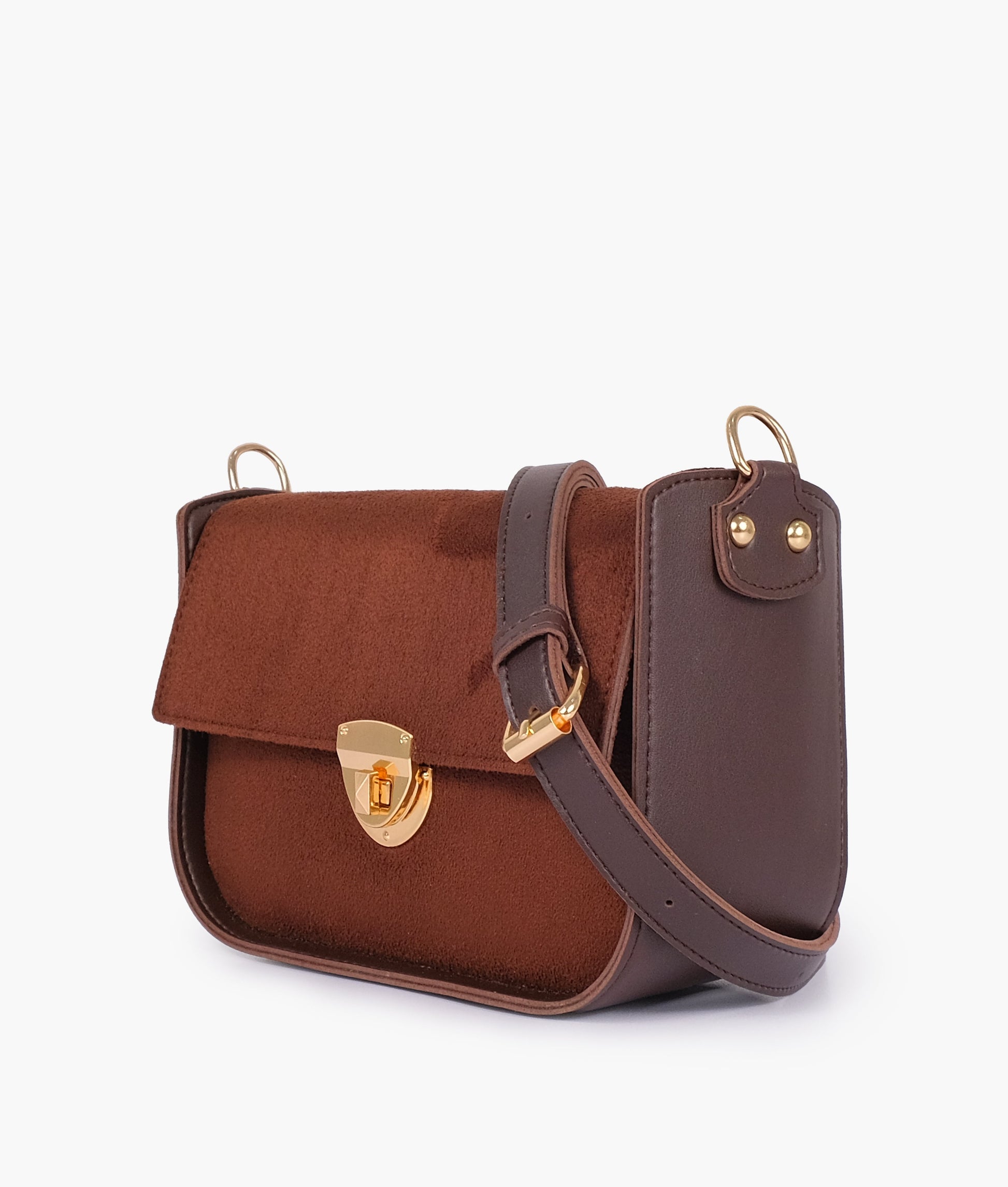 Buy Dark brown suede saddle bag with twist lock in Pakistan