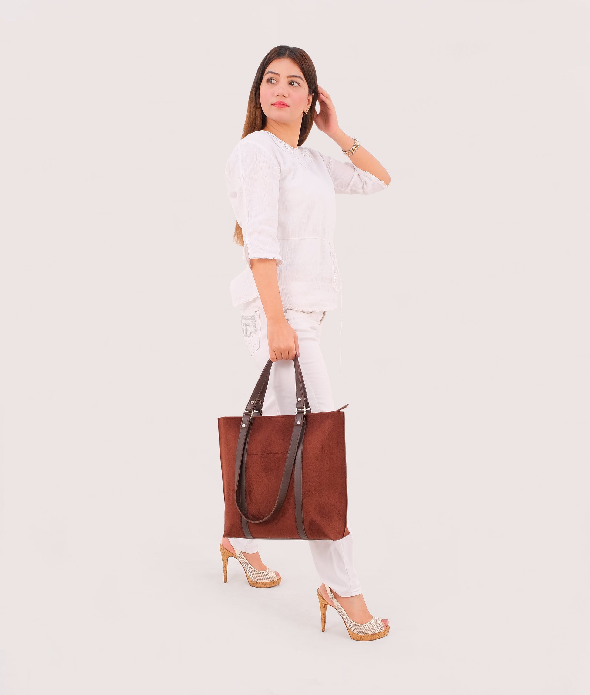 Buy Dark brown suede double-handle tote bag in Pakistan