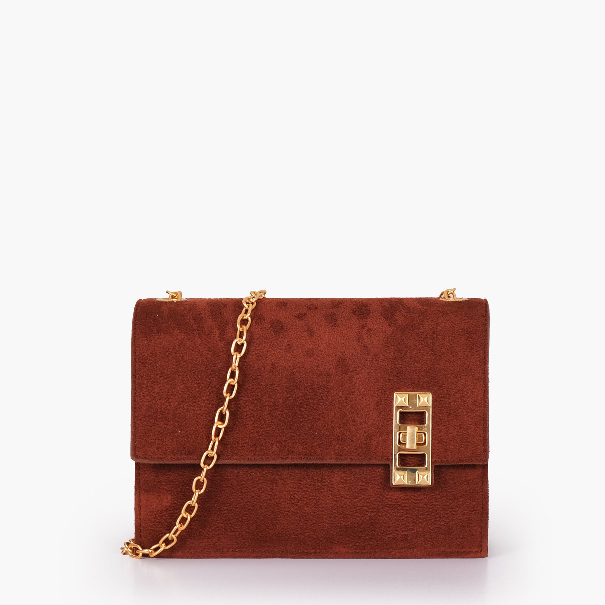 Buy Dark brown suede chain shoulder bag with twist lock in Pakistan