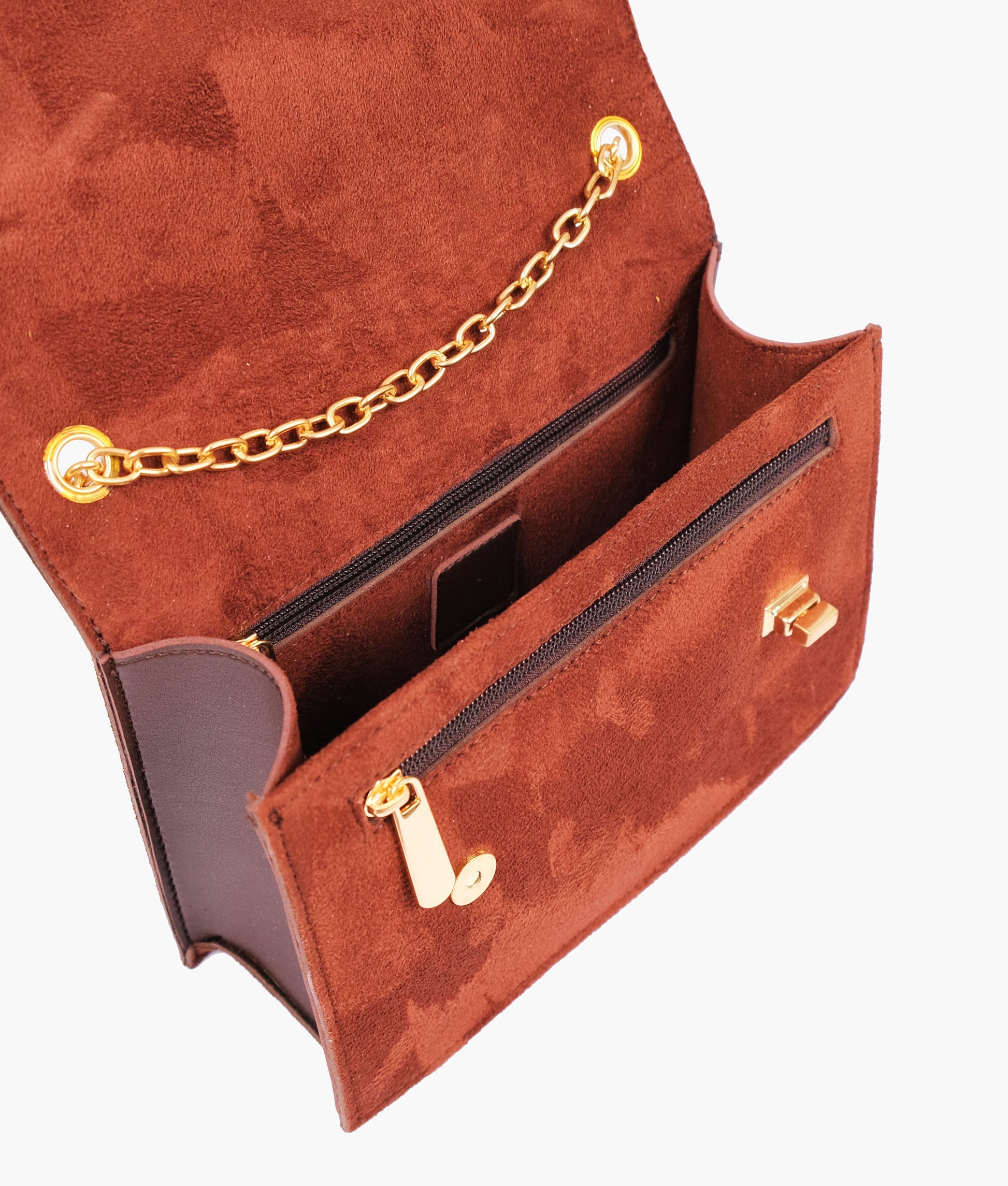 Buy Dark brown suede chain shoulder bag with twist lock in Pakistan