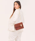 Buy Dark brown suede chain shoulder bag with twist lock in Pakistan