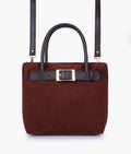 Buy Dark brown suede handbag with front buckle in Pakistan