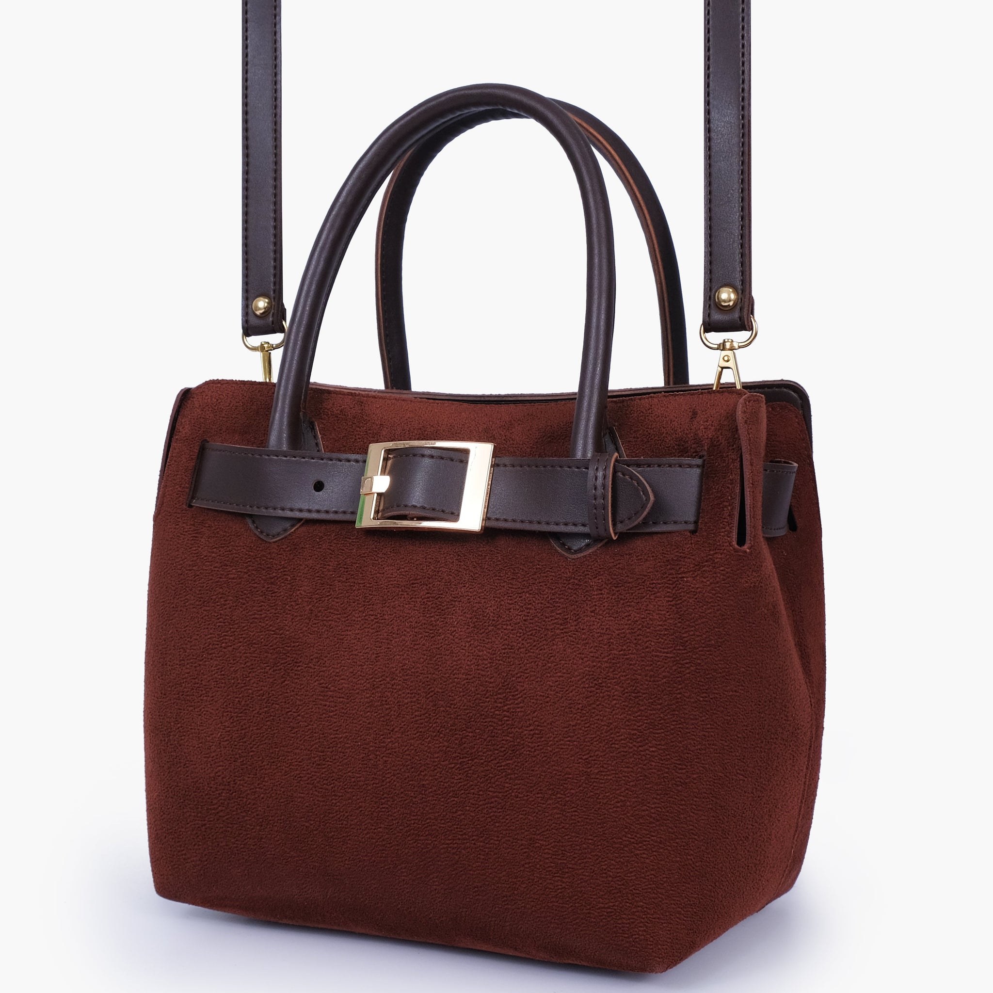 Buy Dark brown suede handbag with front buckle in Pakistan