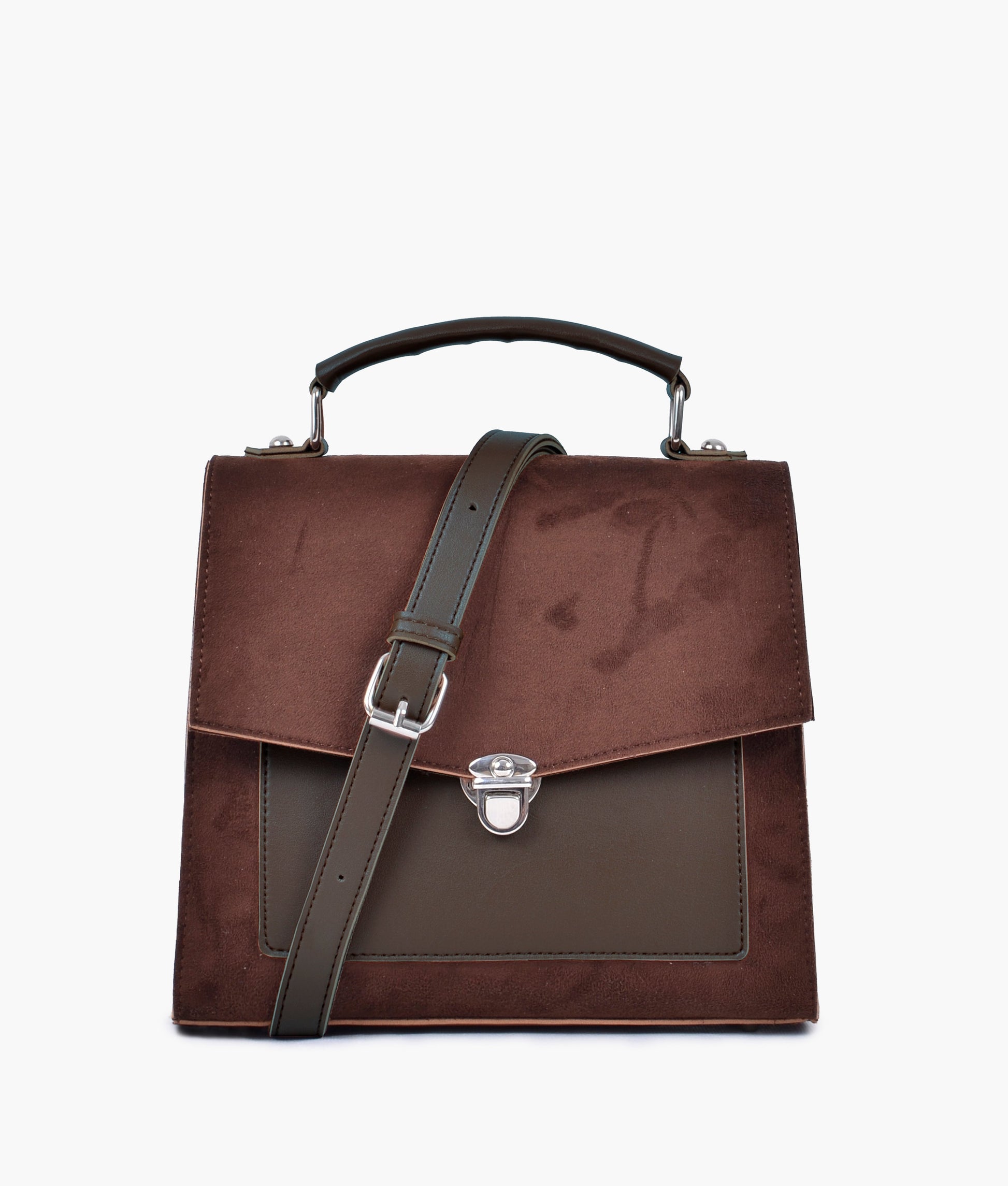 Buy Dark brown suede push-lock messenger bag in Pakistan