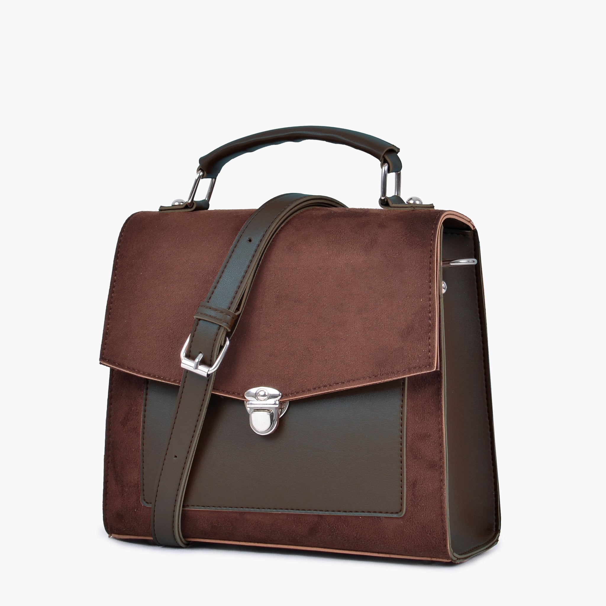 Buy Dark brown suede push-lock messenger bag in Pakistan