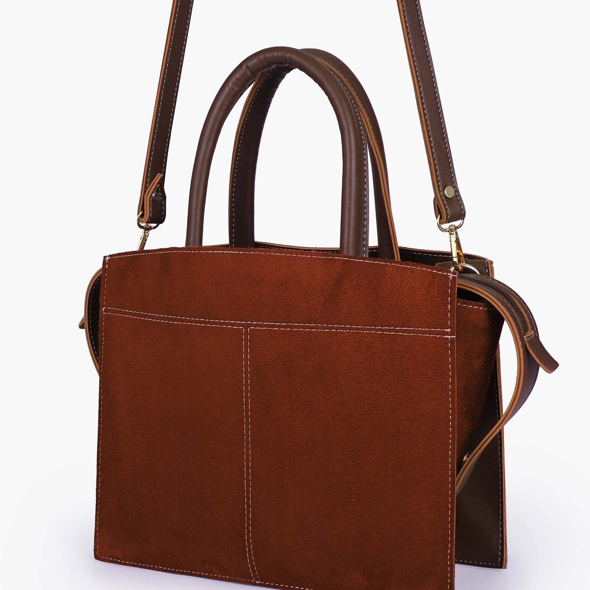 Buy Dark brown suede trapeze top-handle bag in Pakistan