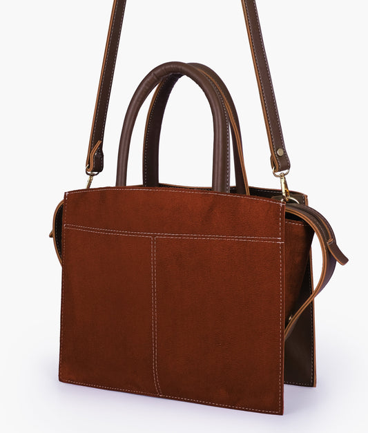 Buy Dark brown suede trapeze top-handle bag in Pakistan