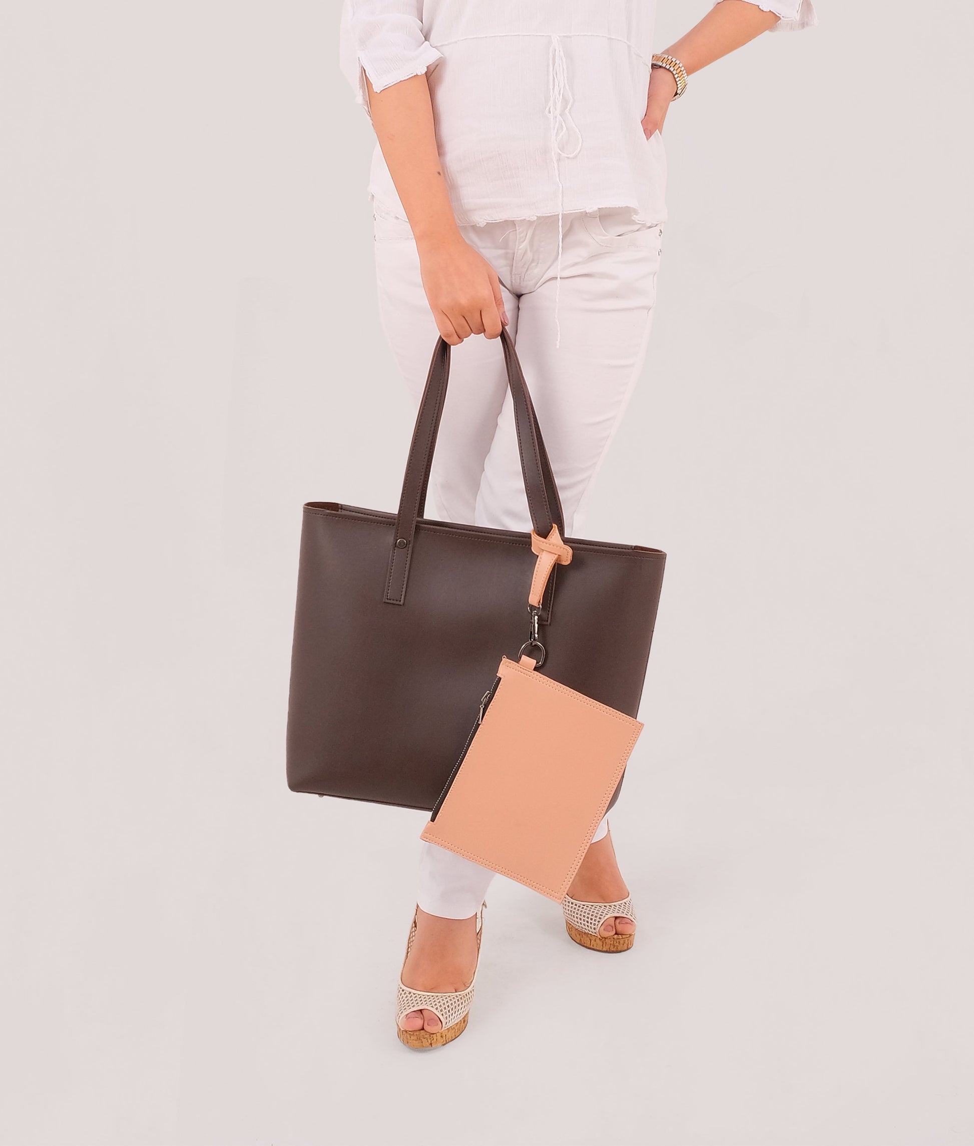 Buy Dark brown tote bag with detachable pouch in Pakistan