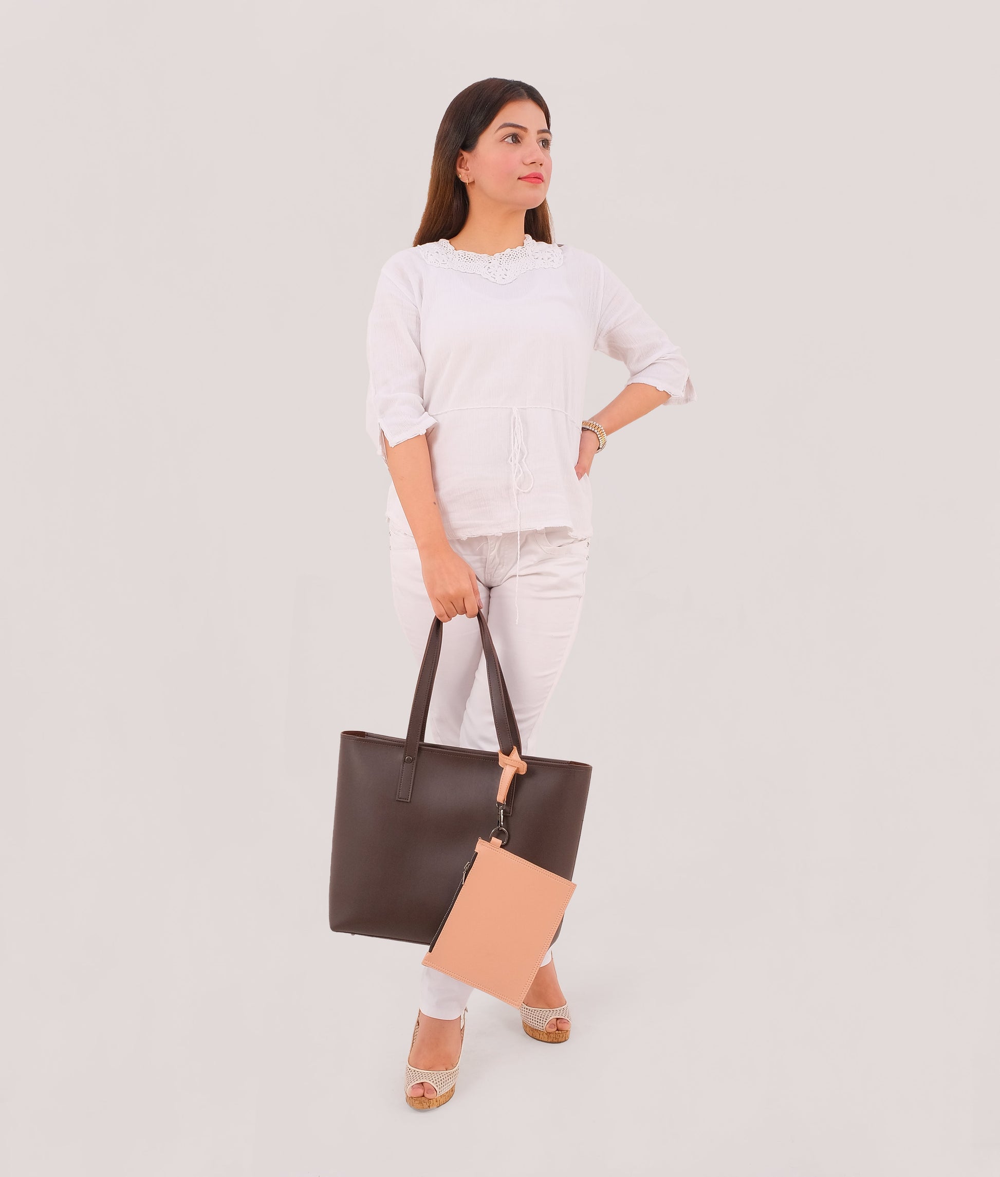 Buy Dark brown tote bag with detachable pouch in Pakistan