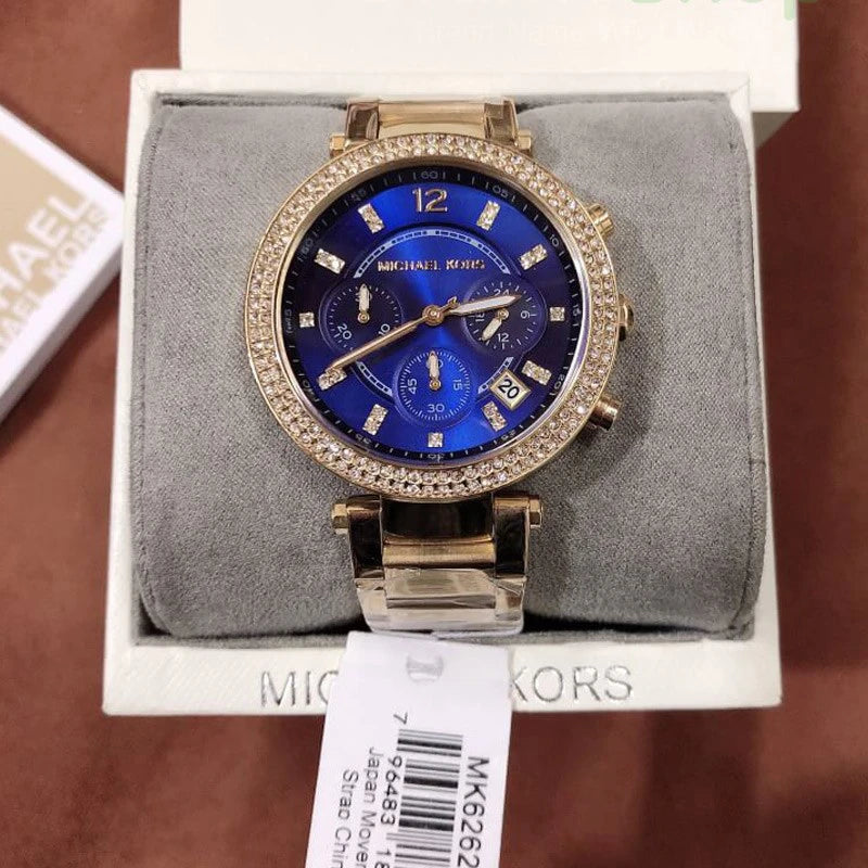 Buy Michael Kors Parker Navy Blue Dial Gold Steel Strap Watch for Women - MK6262 in Pakistan