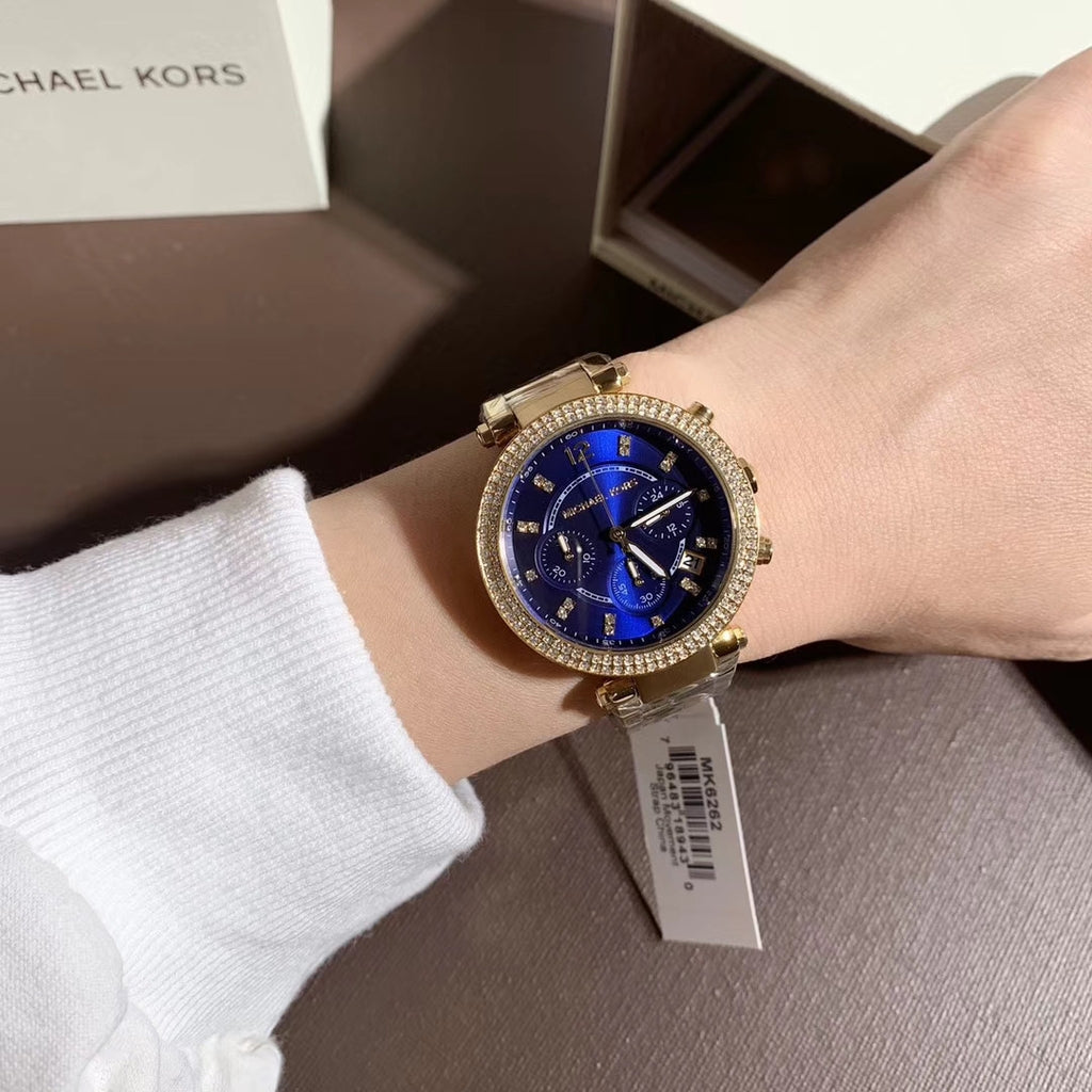 Buy Michael Kors Parker Navy Blue Dial Gold Steel Strap Watch for Women - MK6262 in Pakistan