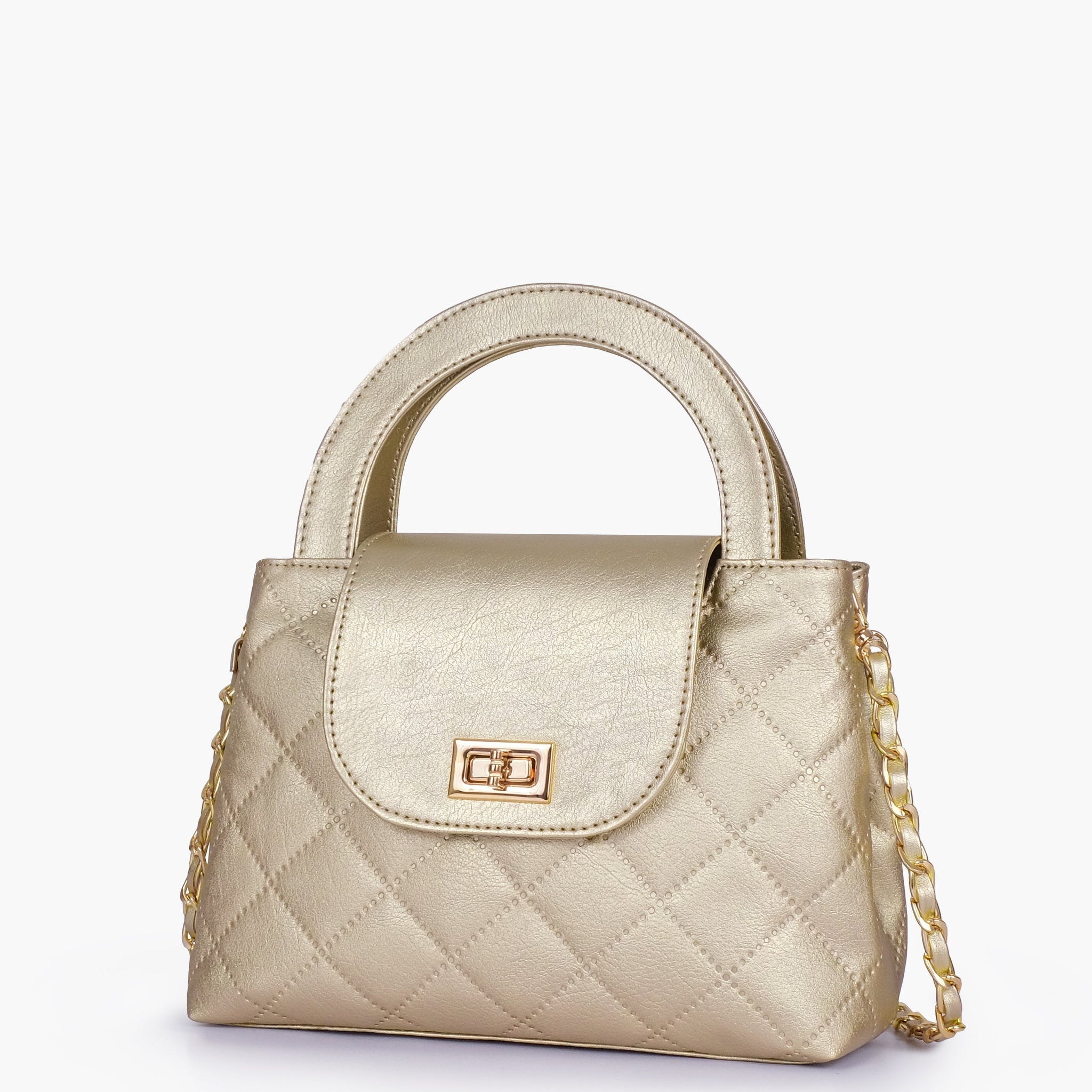 Buy Golden flap quilted bag with top handle in Pakistan