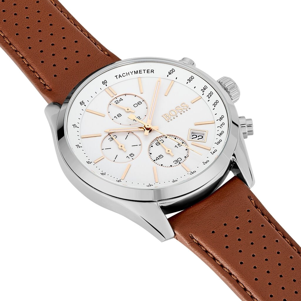 Buy Hugo Boss Mens Chronograph Quartz Leather Strap White Dial 44mm Watch - 1513475 in Pakistan