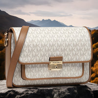 Michael Kors White Tan Signature Coated Canvas and Leather Carmen Satc