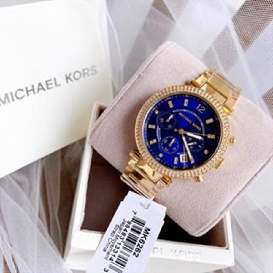 Buy Michael Kors Parker Navy Blue Dial Gold Steel Strap Watch for Women - MK6262 in Pakistan