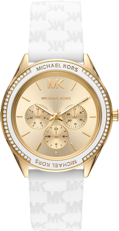 Buy Michael Kors Jessa Gold Dial with Diamonds White Leather Strap Watch for Women - MK7267 in Pakistan
